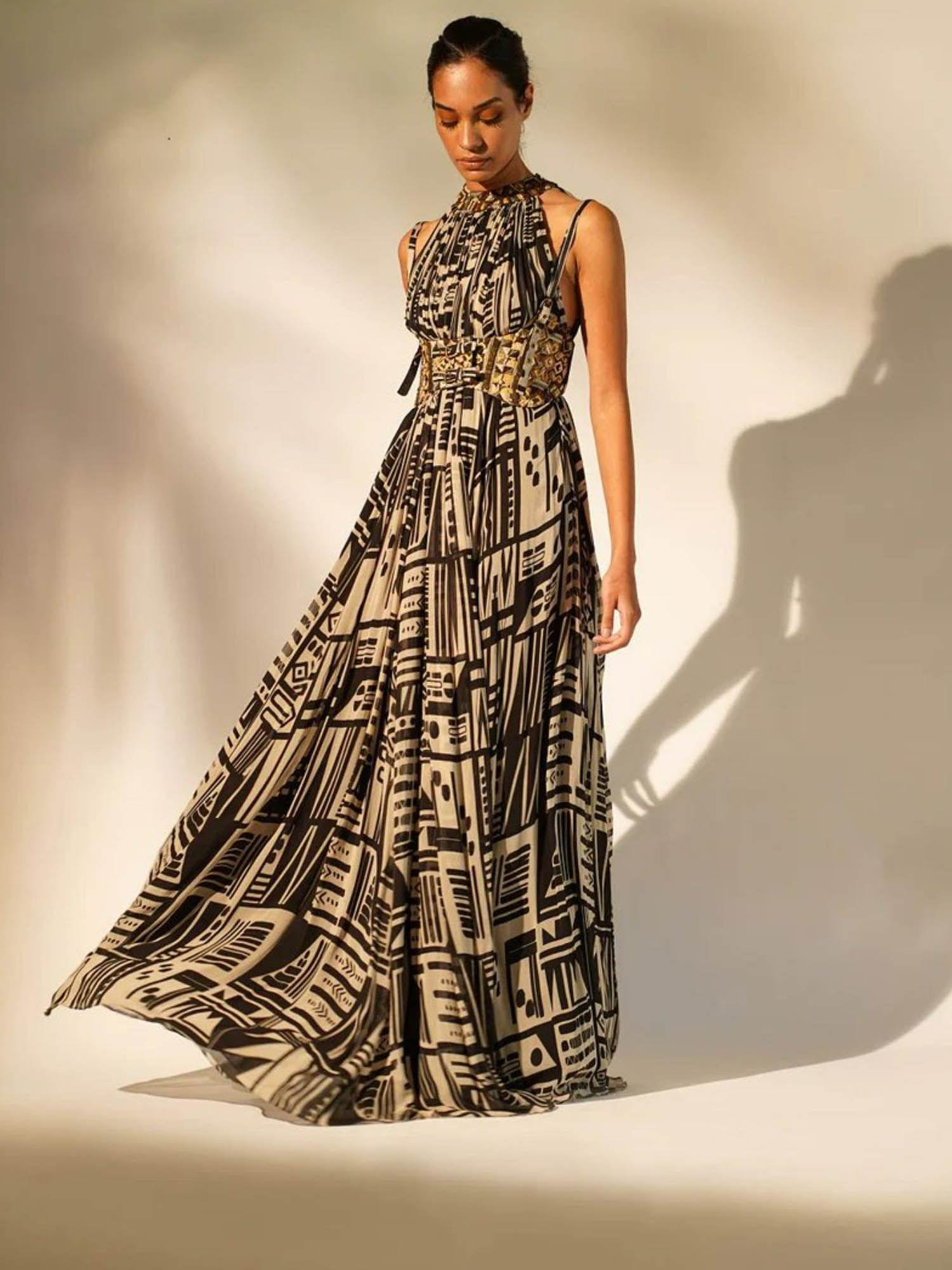 black abstract print halter neck maxi