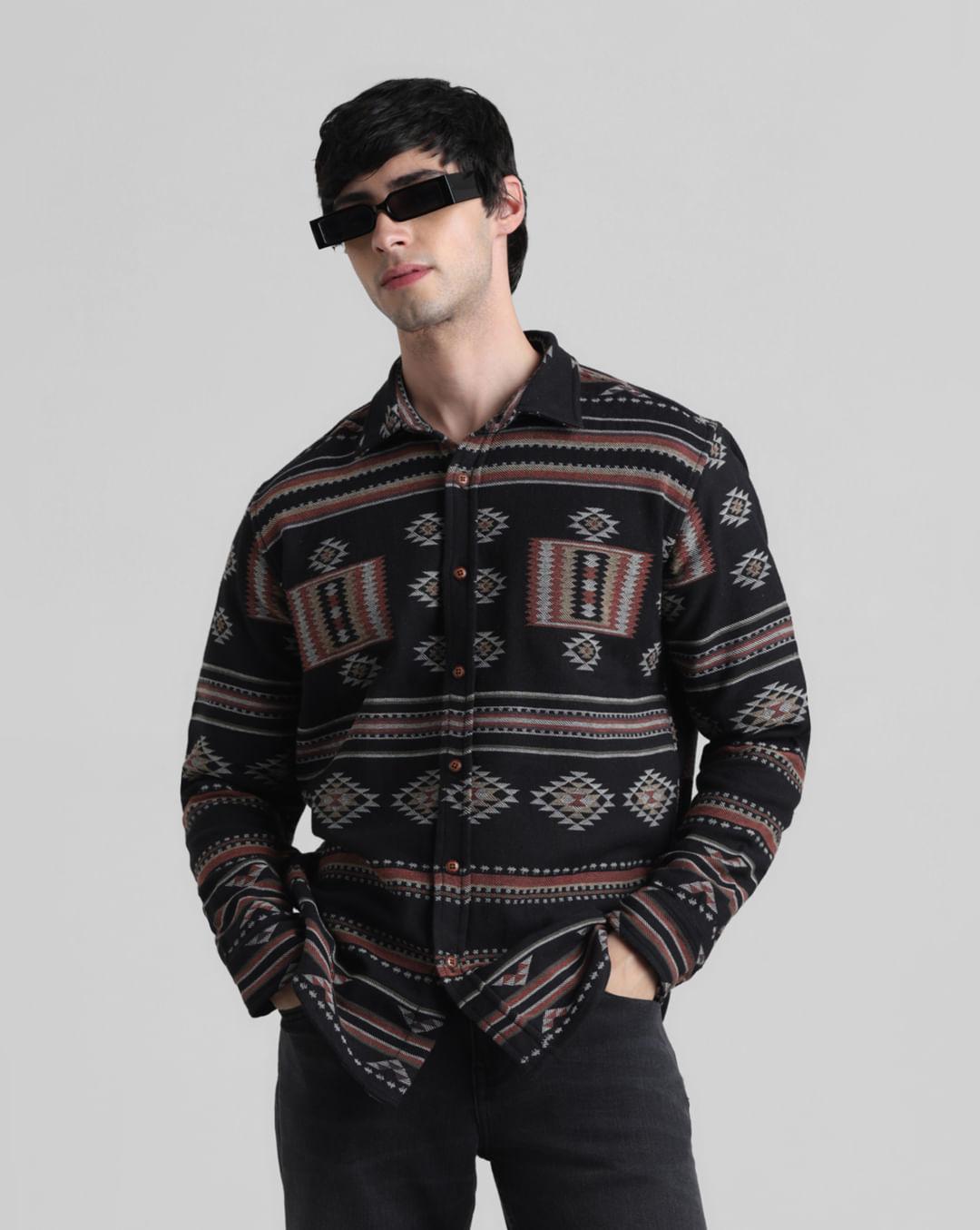 black abstract print jacquard shirt