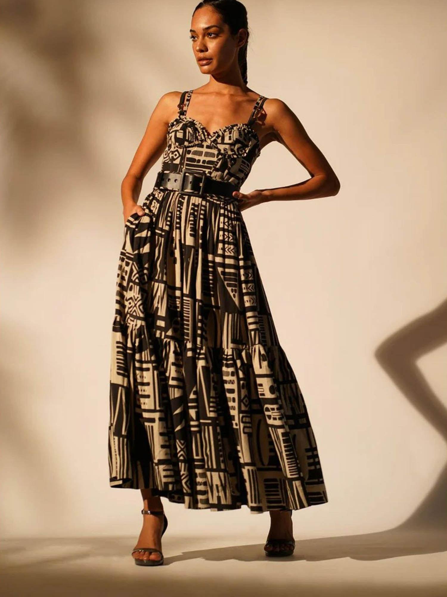 black abstract print maxi dress (set of 2)