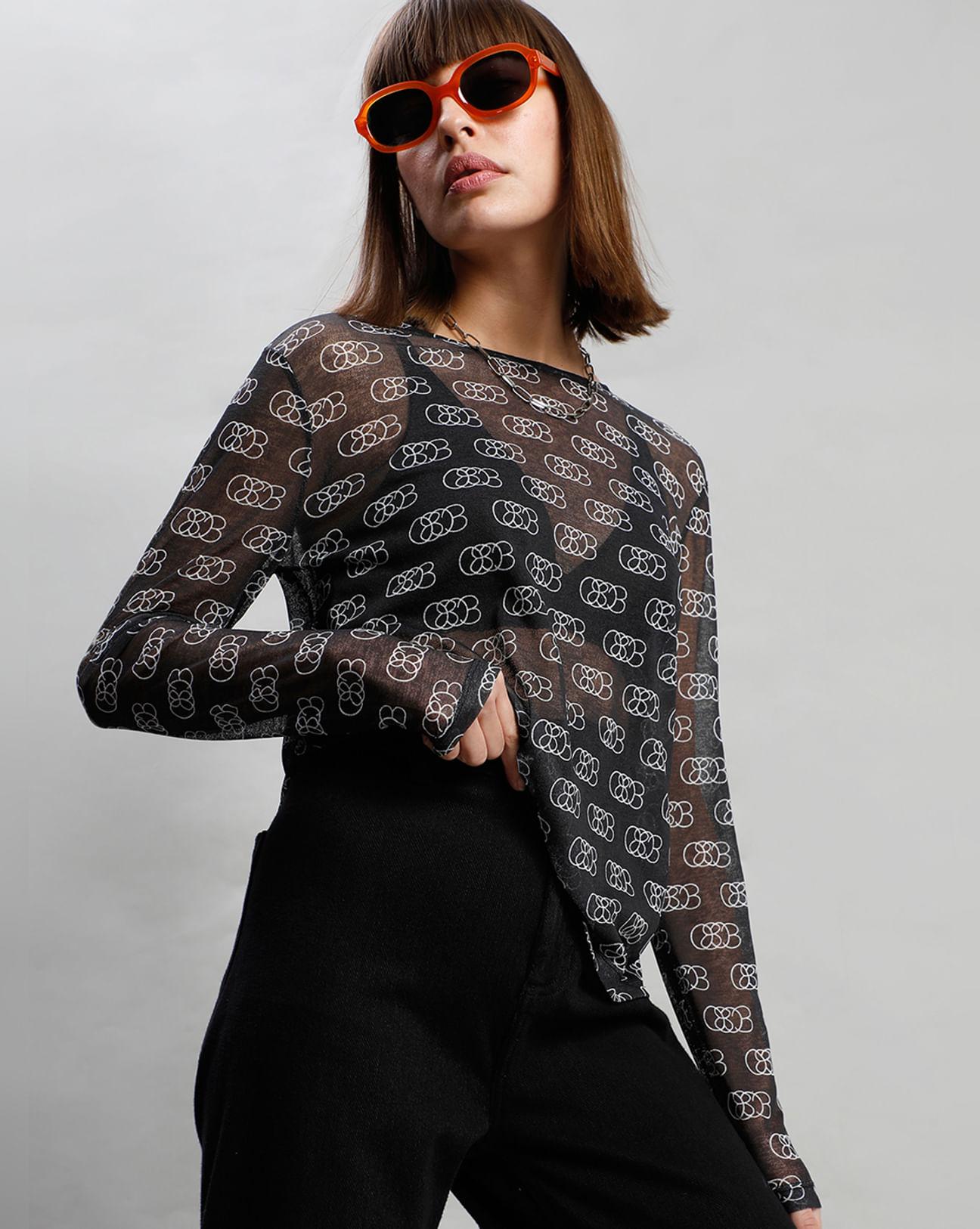 black abstract print sheer top