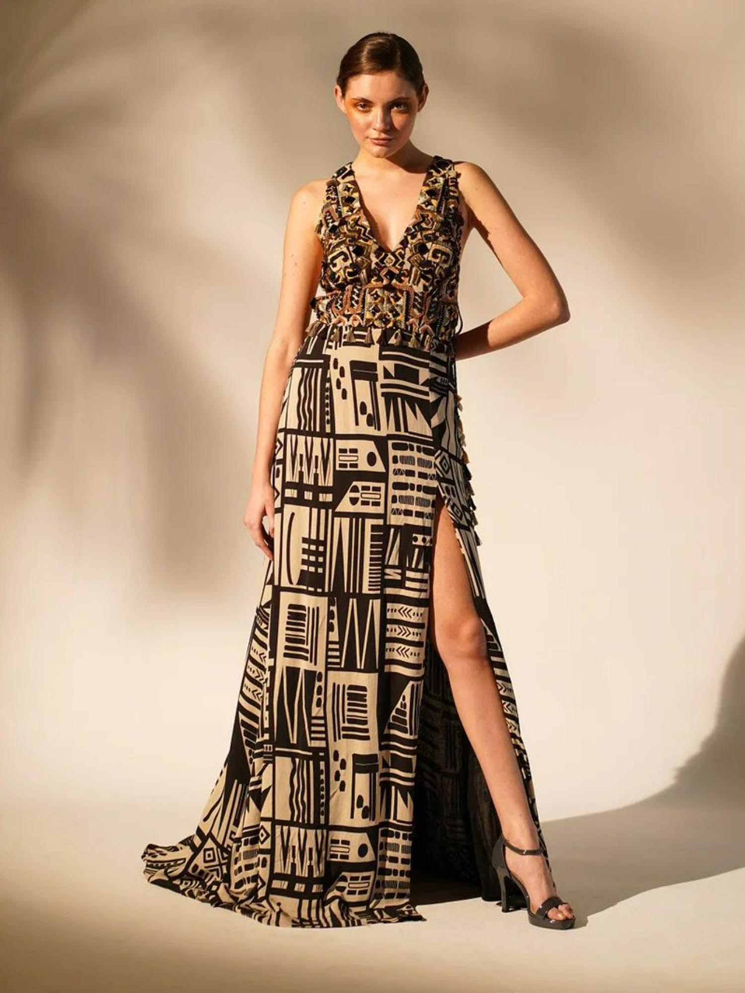 black abstract print with hand thread and wooden embellishment