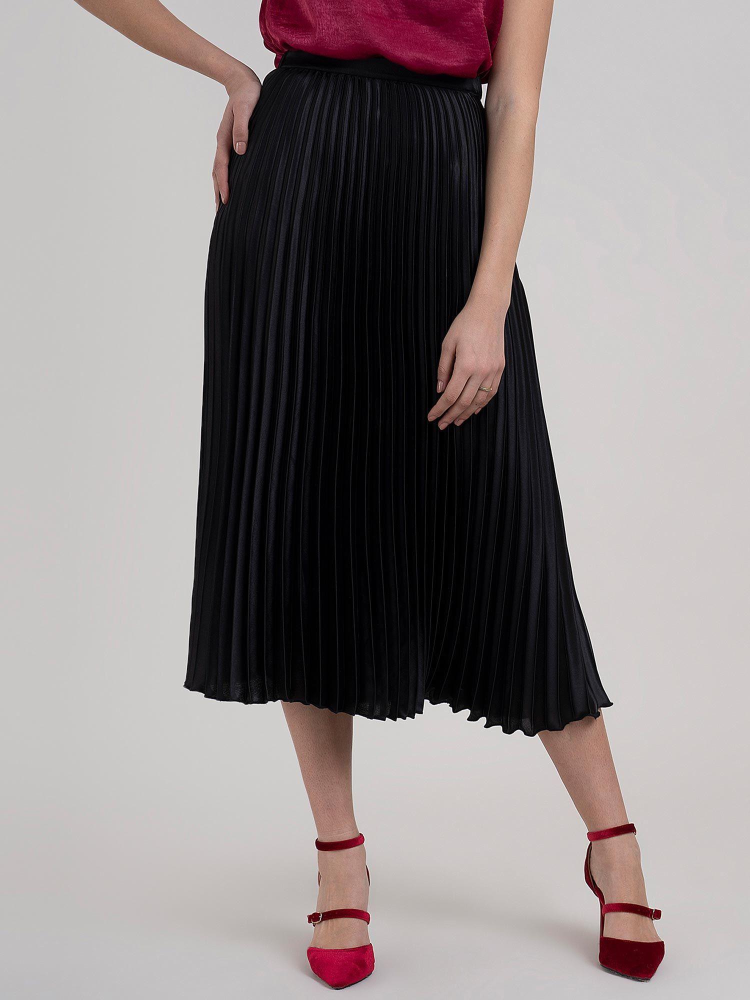 black accordion pleated satin skirt