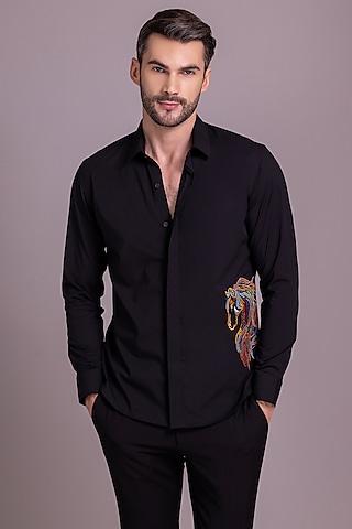 black acetate horse motif embroidered shirt