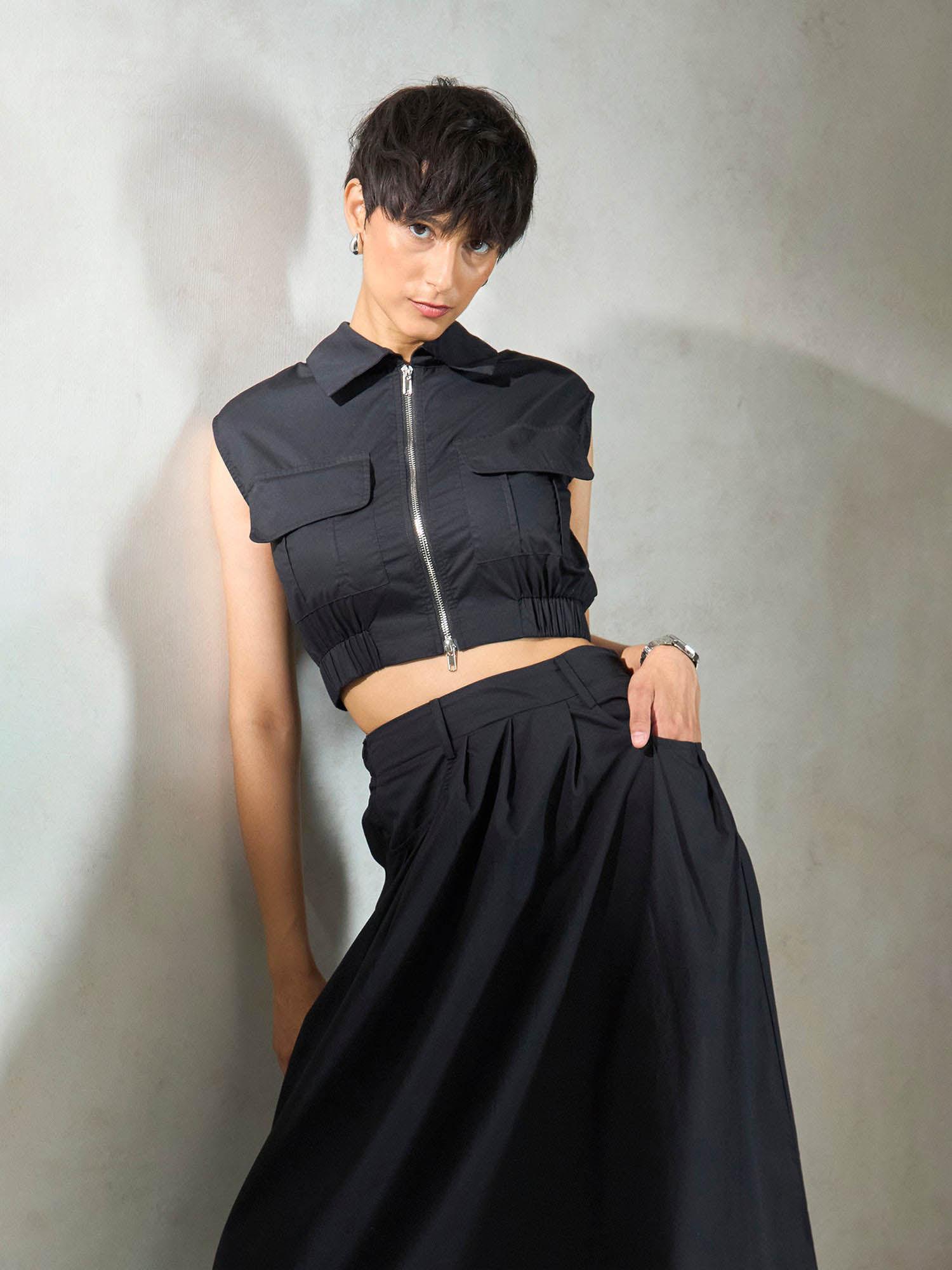 black airy cotton cropped top