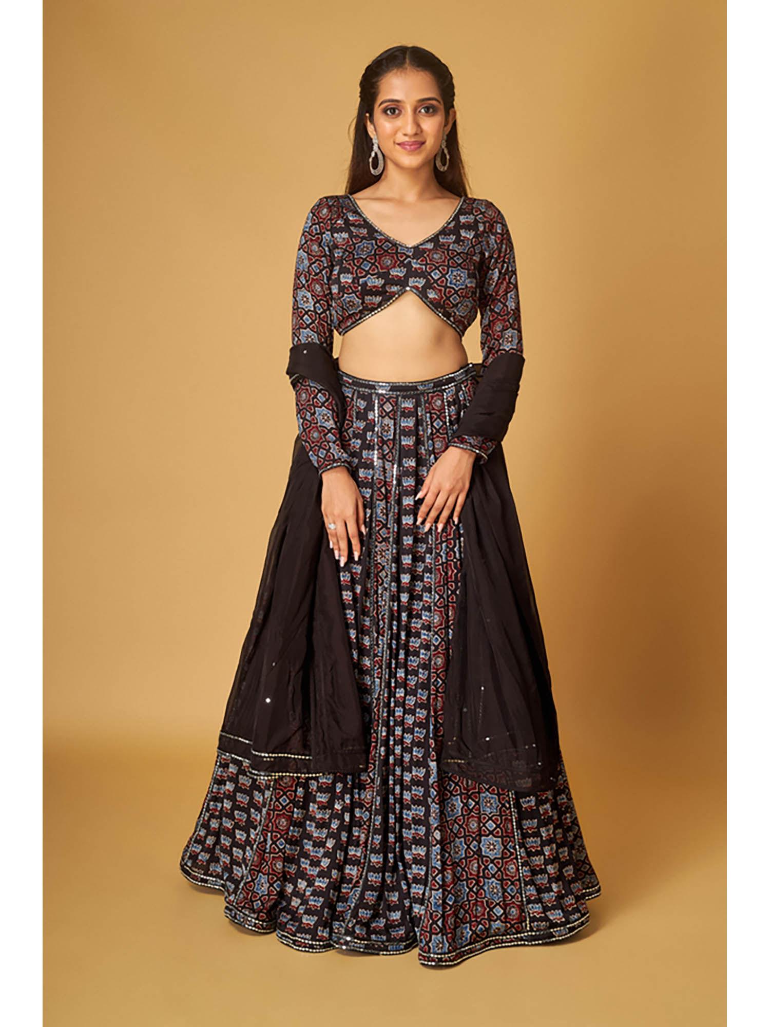 black ajrakh print mirror work lehenga with blouse and dupatta (set of 3)