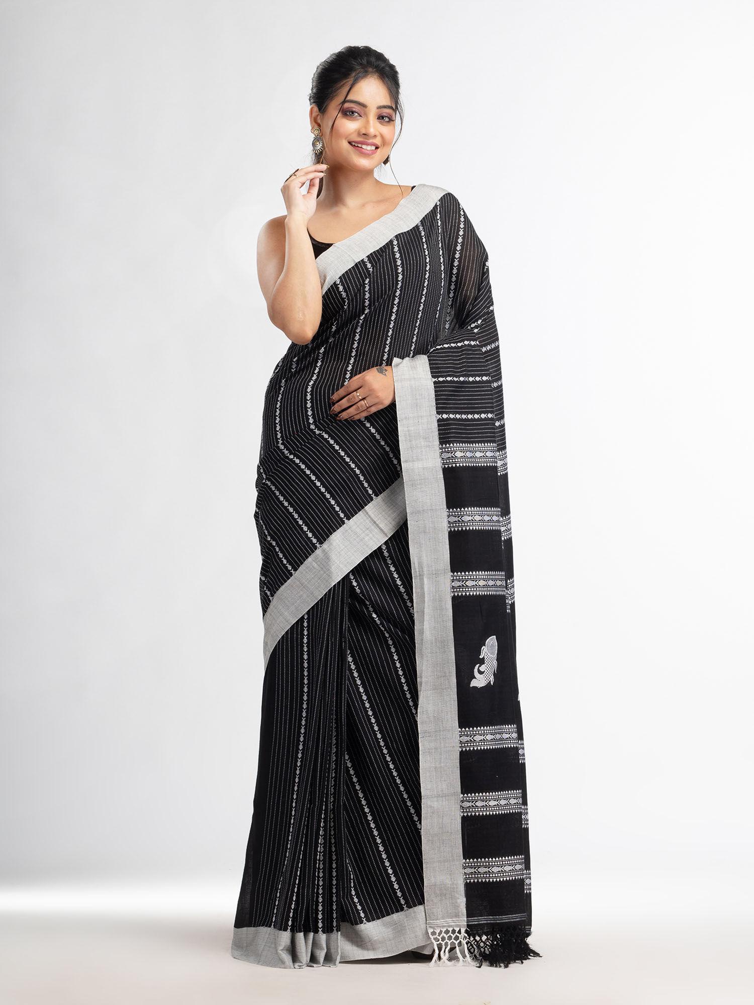 black all body small fish design with solid border handwoven saree with unstitched blouse