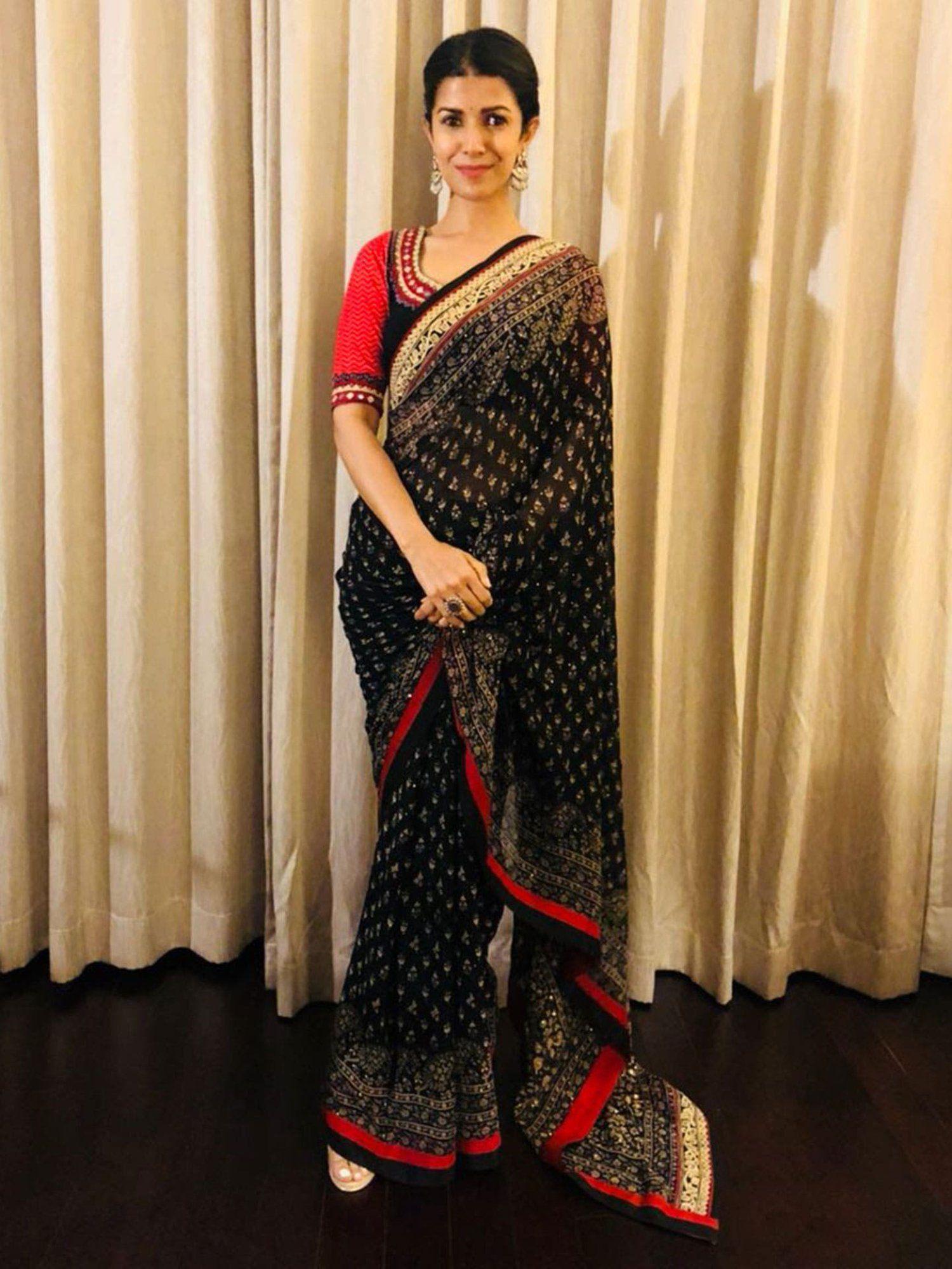 black and beige kalki saree with unstitched blouse