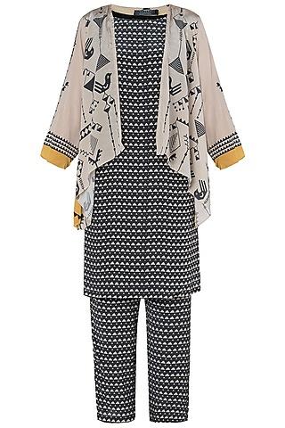 black and beige printed jacket with kurta and pants