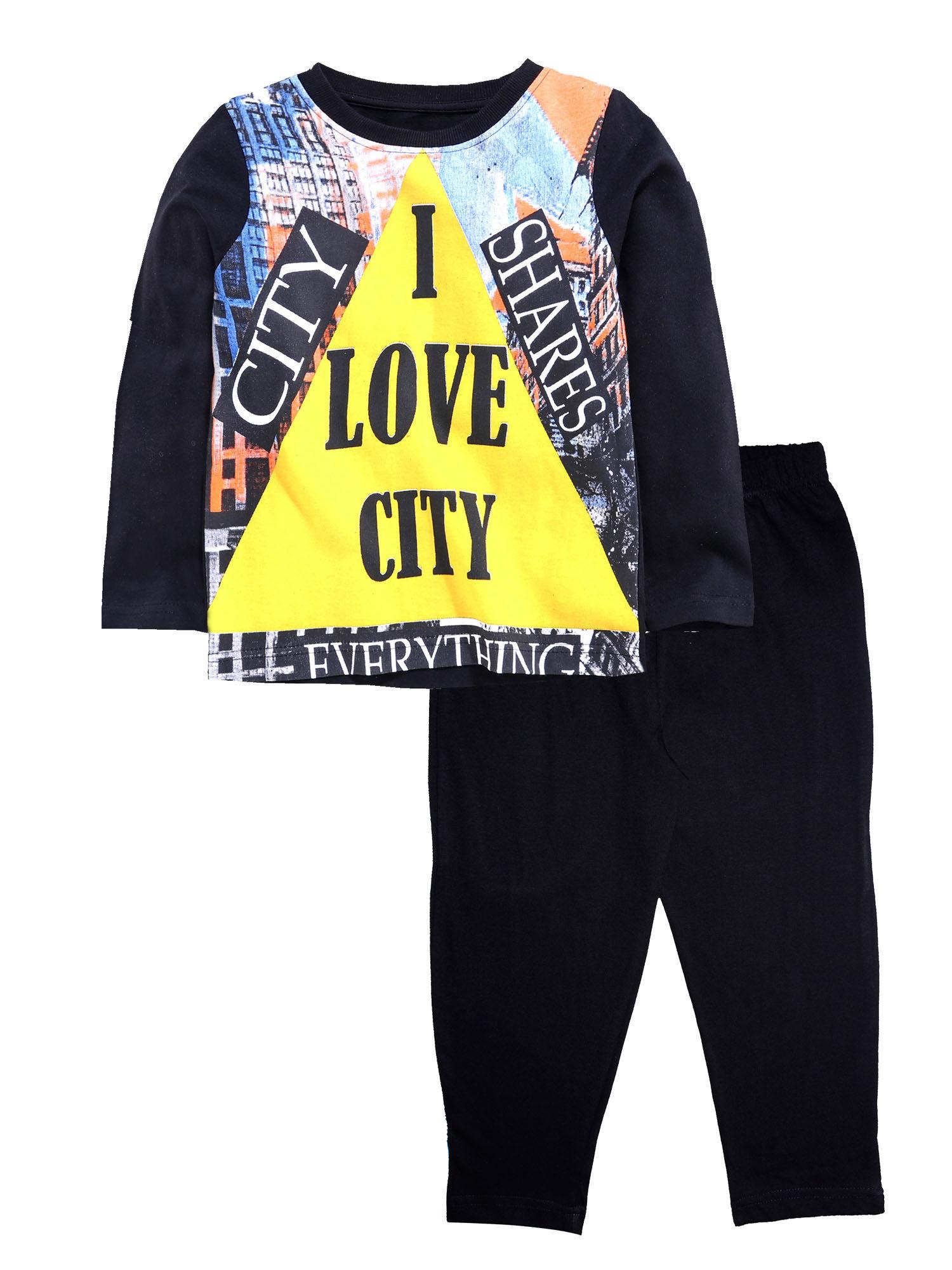 black and black i love city print full sleeve round neck tee and pyjama (set of 2)