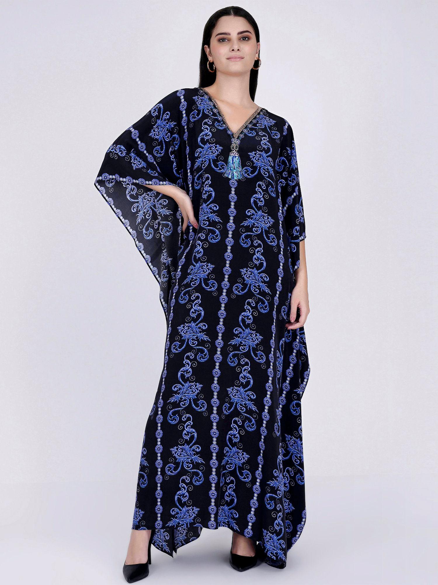 black and blue embellished silk full length kaftan