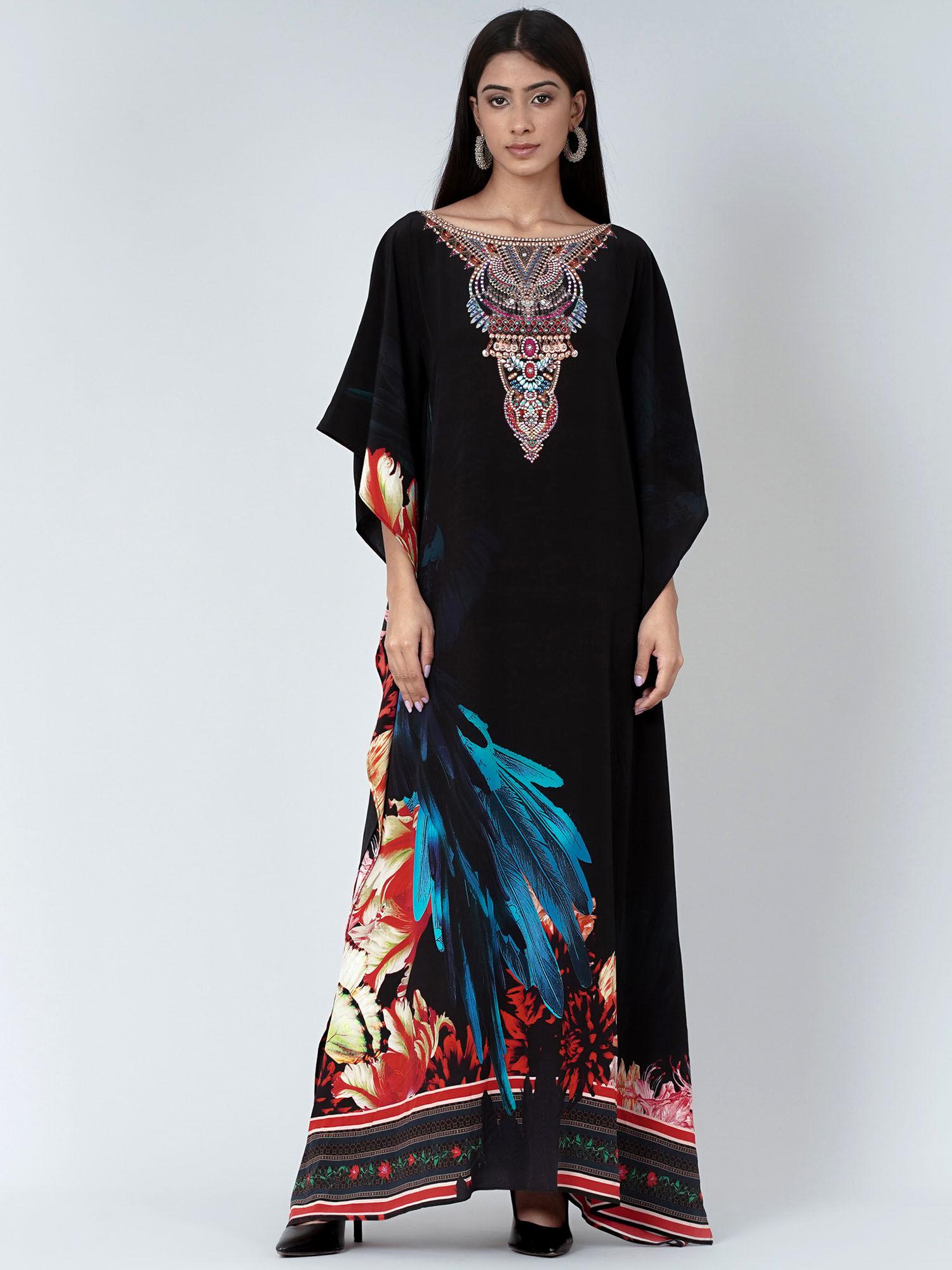 black and blue splash print embellished silk full length kaftan