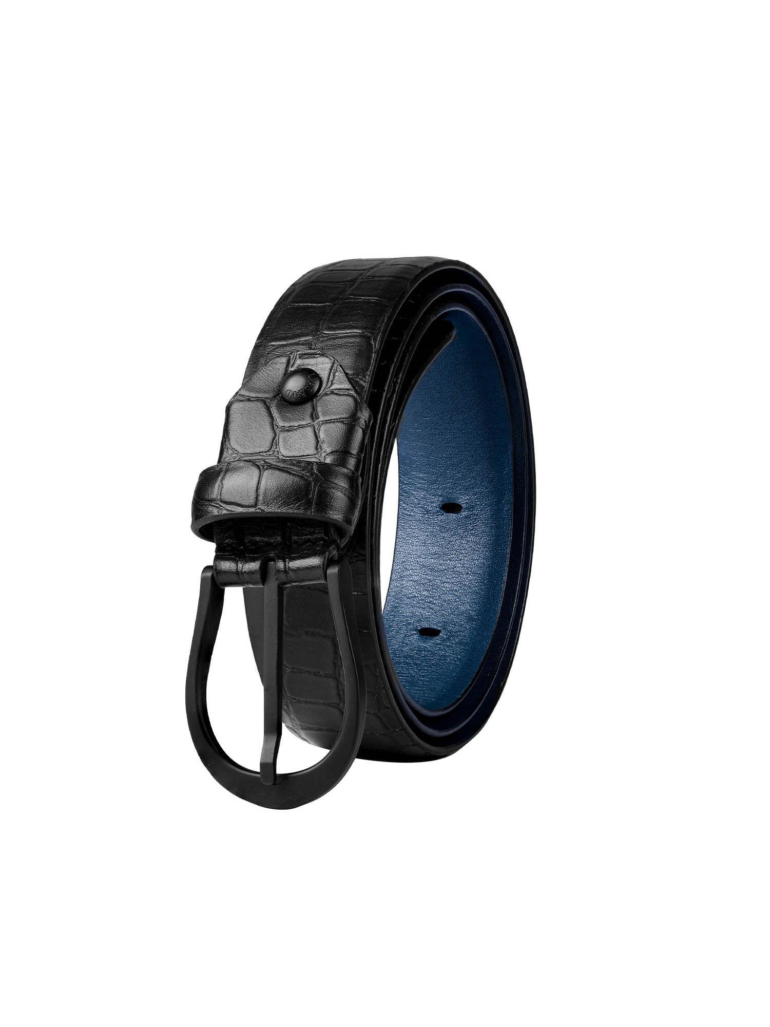 black and deep blue sullivan carbon black croco print leather belt
