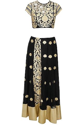 black and gold floral embroidered lehenga set