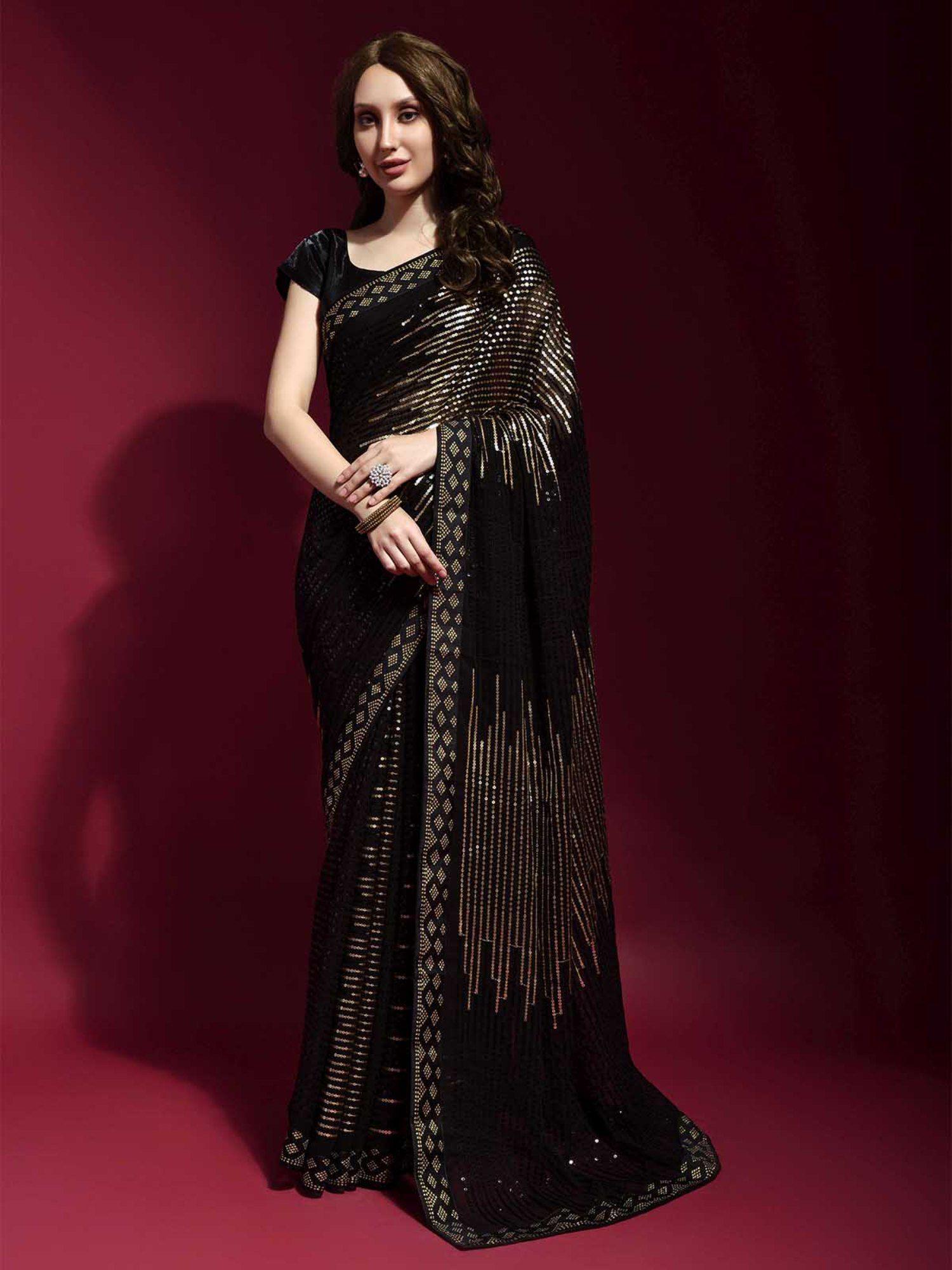 black and gold georgette sequence saree with unstitched blouse