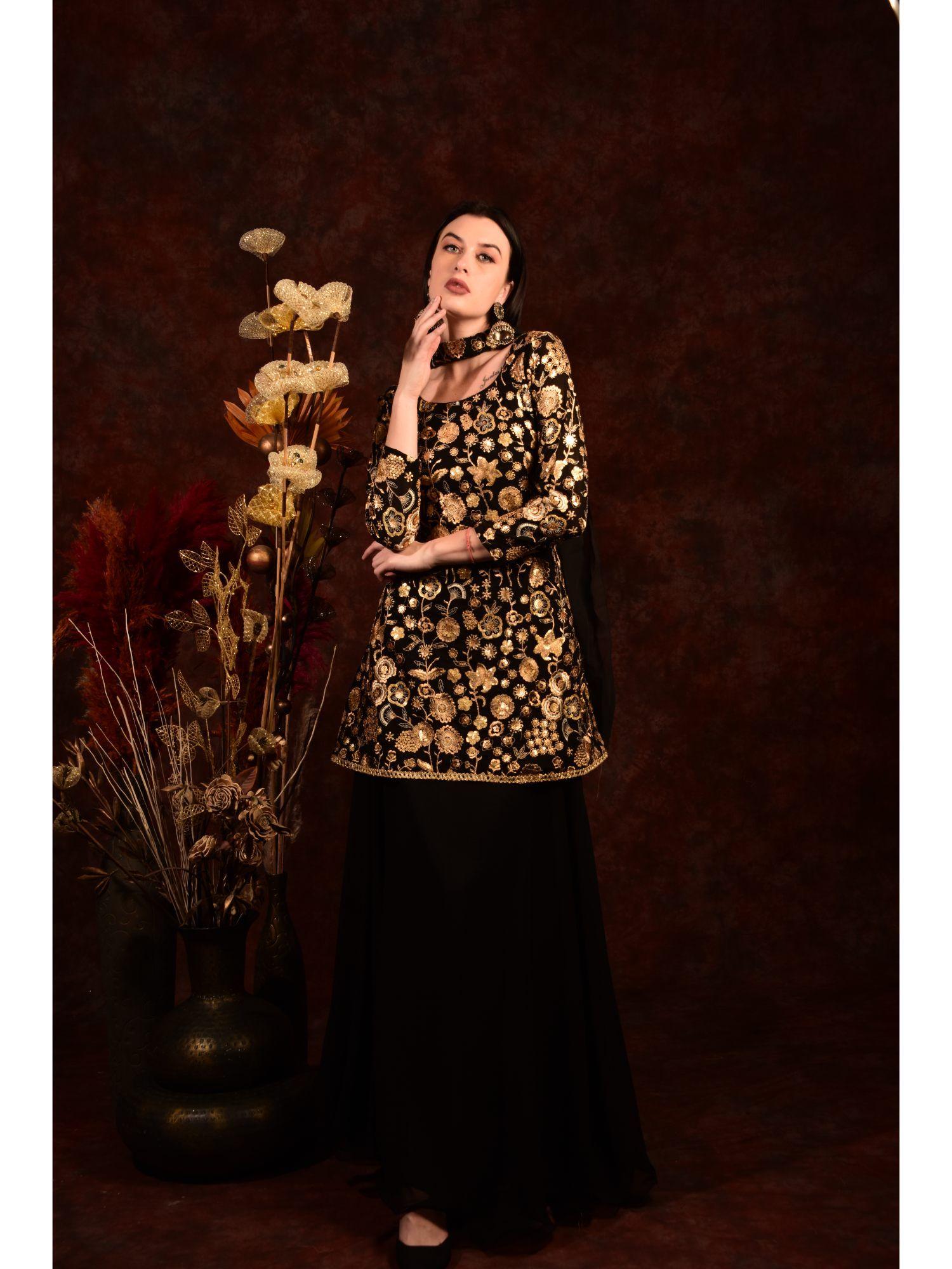 black and golden peplum kurta and skirt with neck band dupatta (set of 3)
