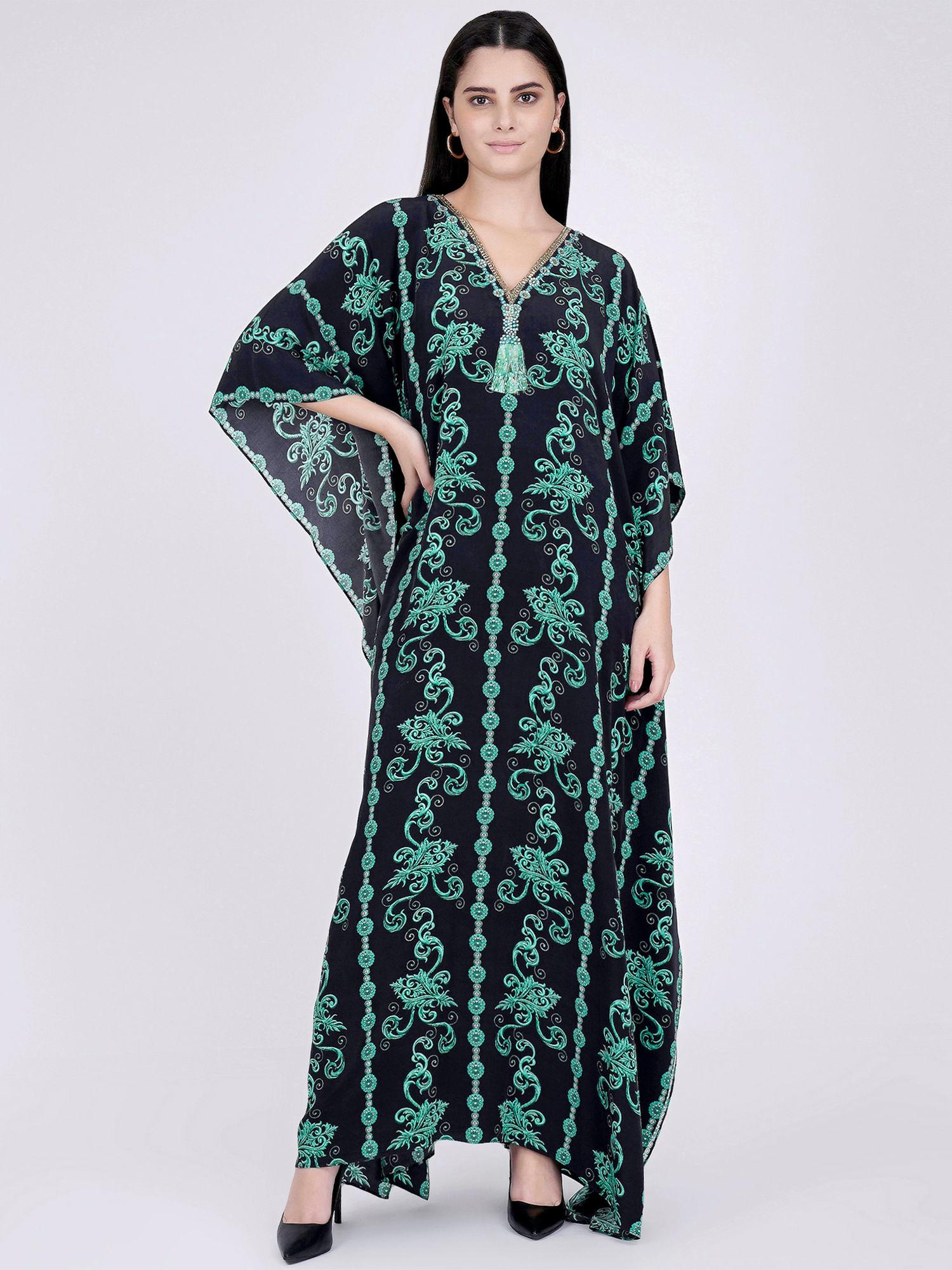 black and green ivy embellished silk full length kaftan