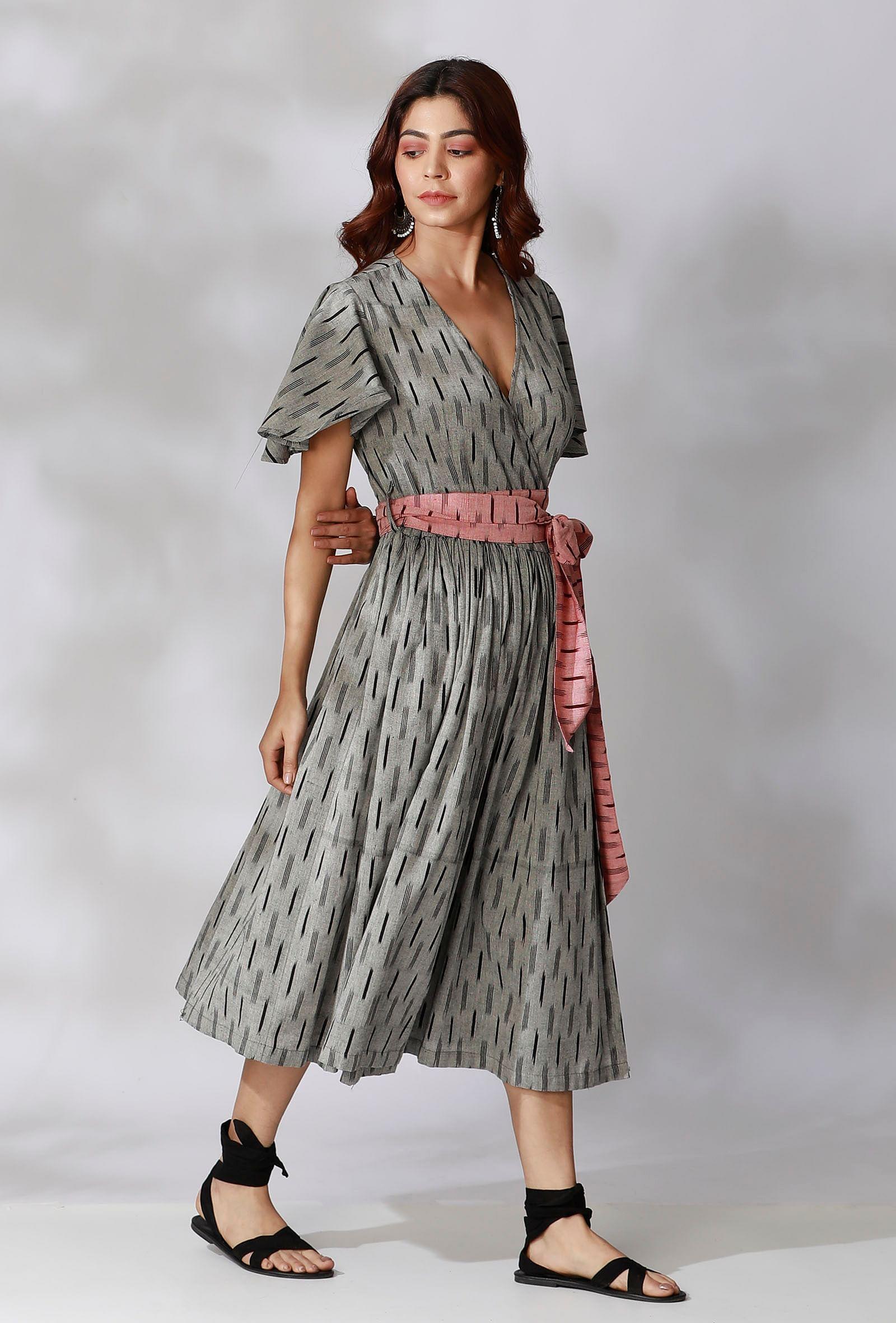 black and grey ikkat wrap around dress with maroon belt