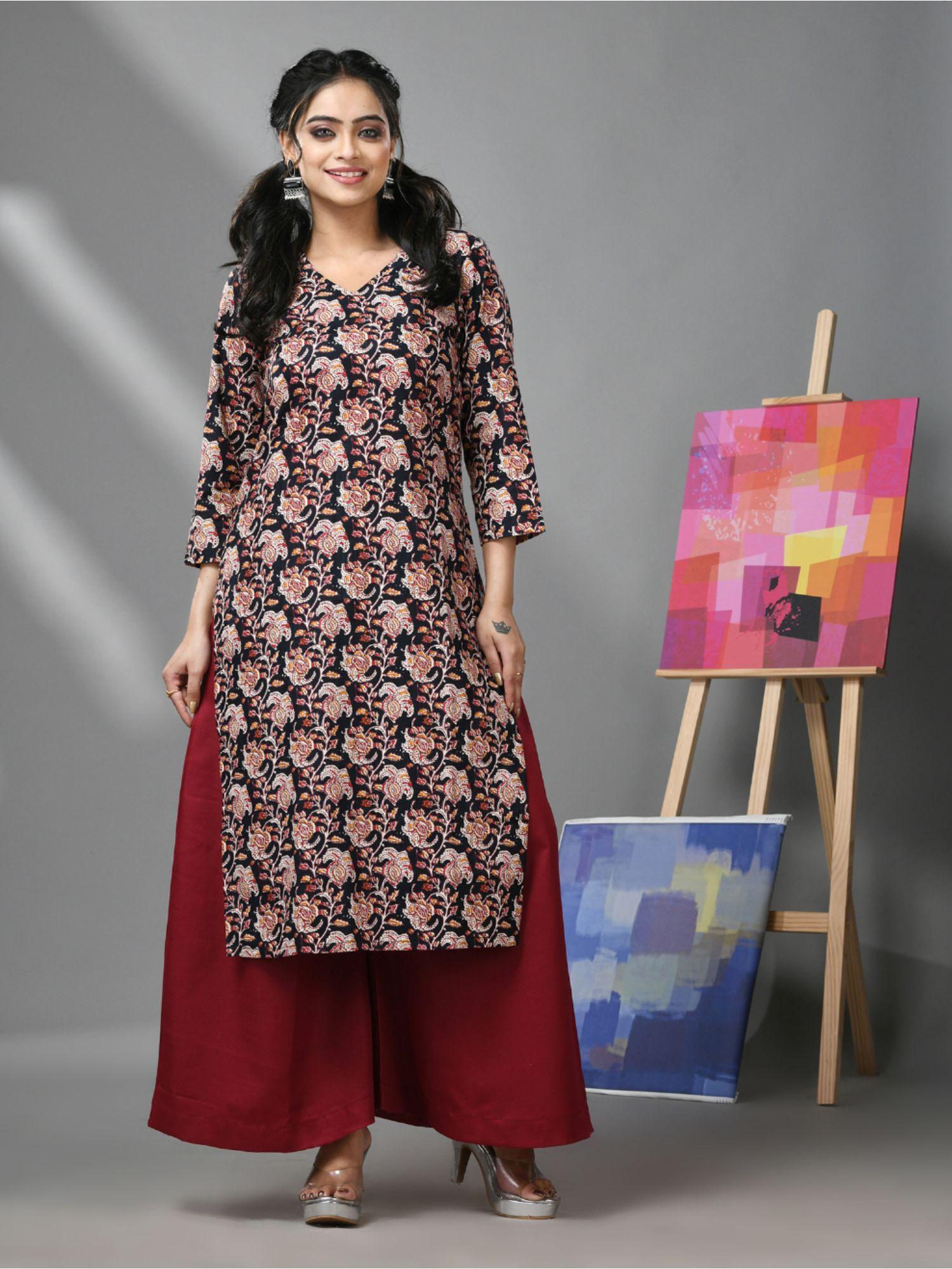 black and maroon cotton floral printed kurta