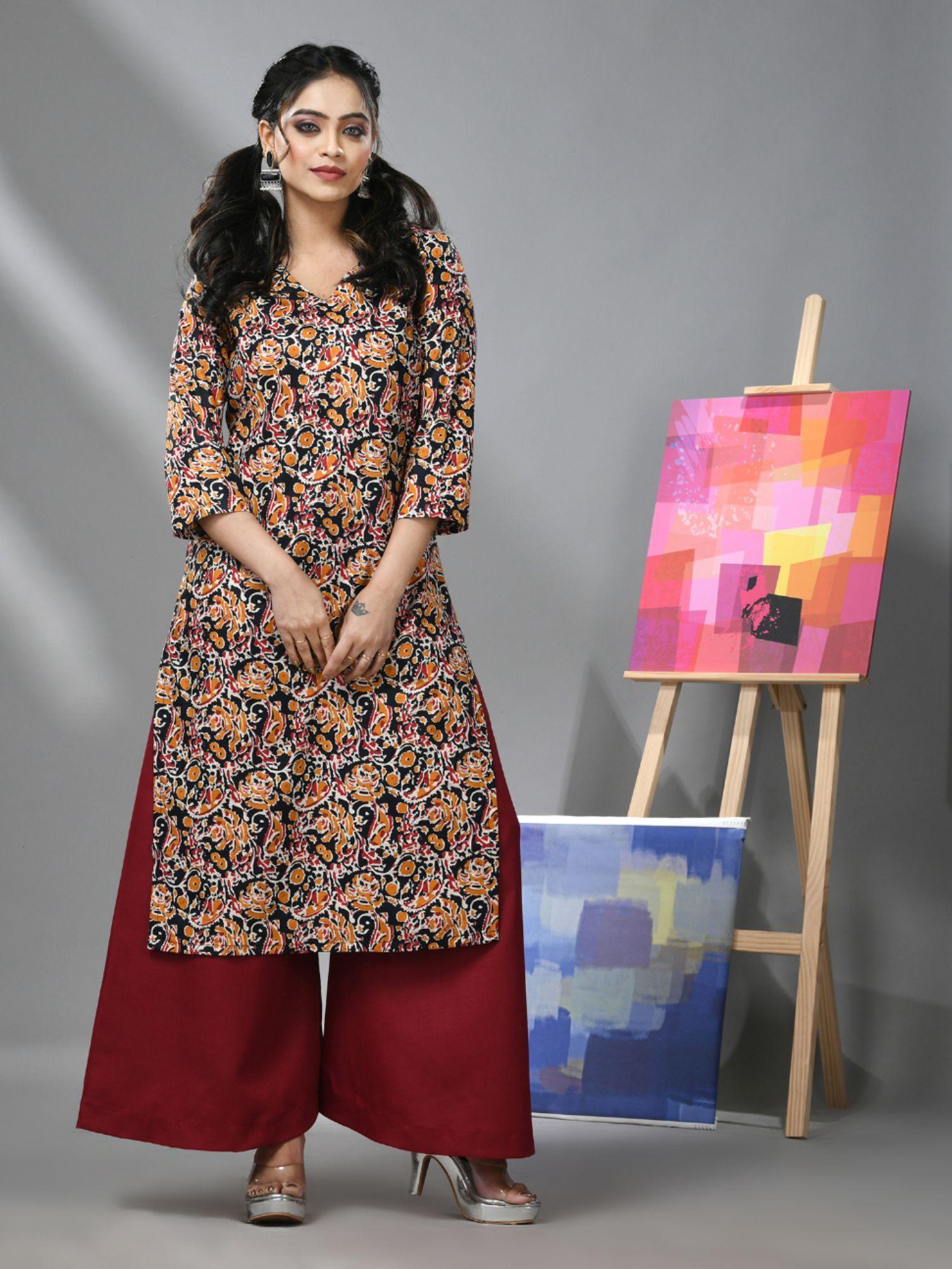 black and maroon cotton paisley printed kurta