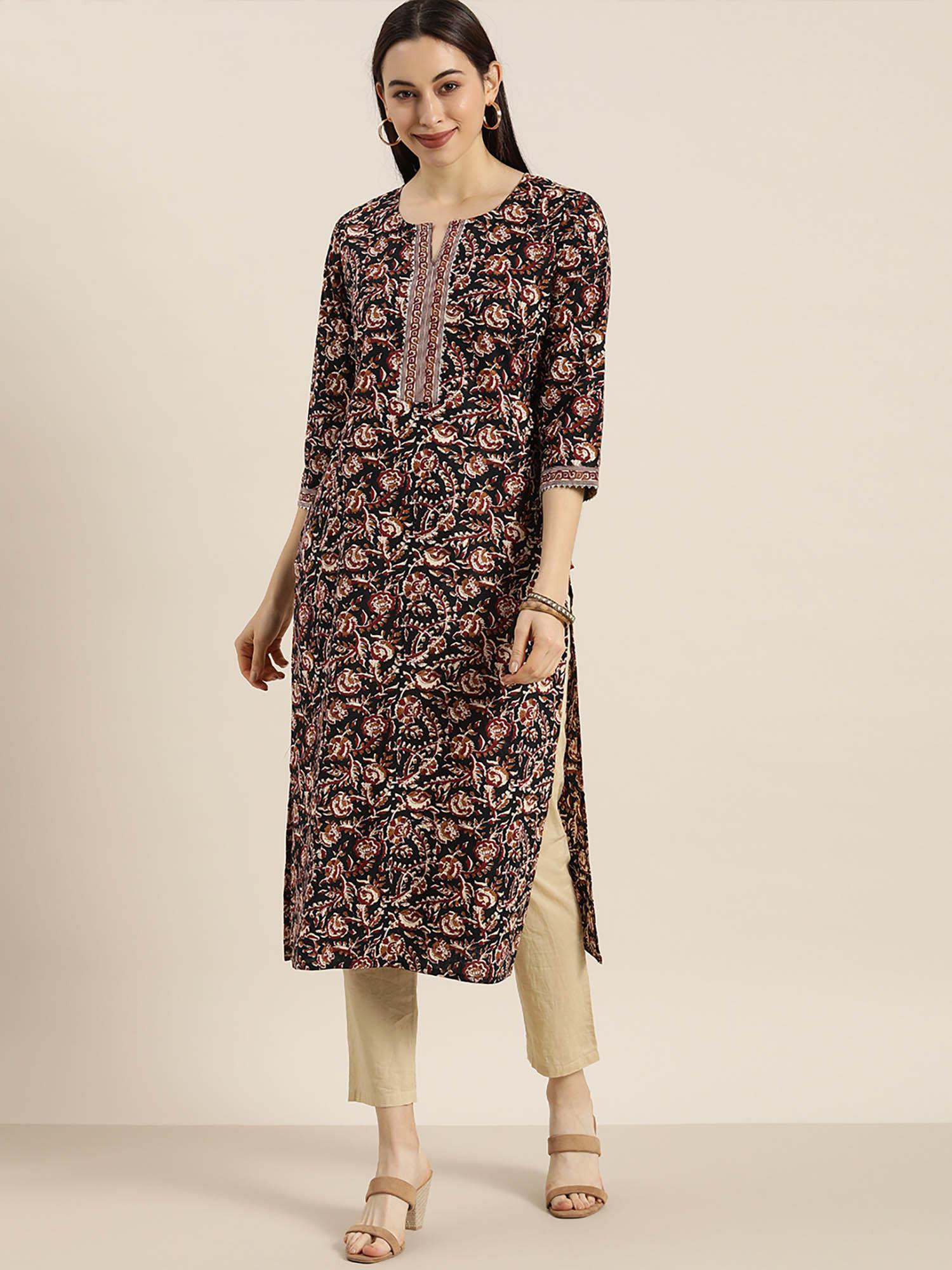 black and maroon floral printed kurta with gota embellishment on yoke