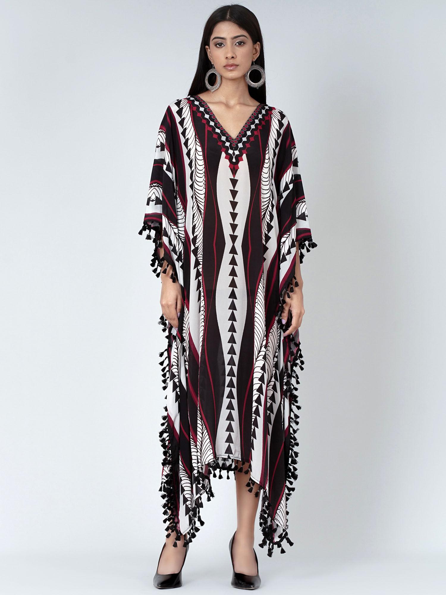 black and maroon geometric swirl mid length kaftan