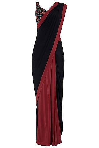 black and maroon pre-stitched saree with embroidered blouse