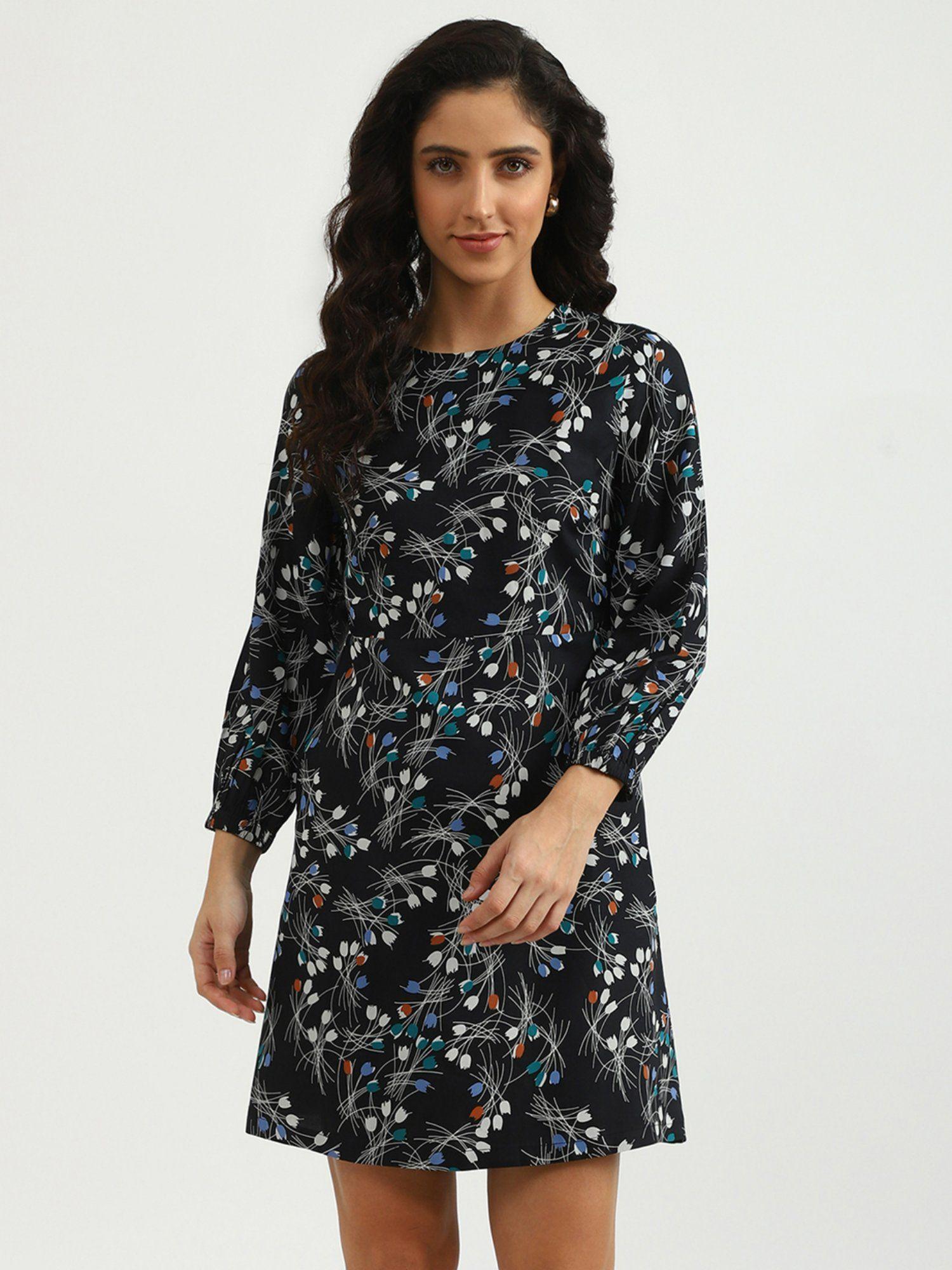 black and multi-color round neck printed dress