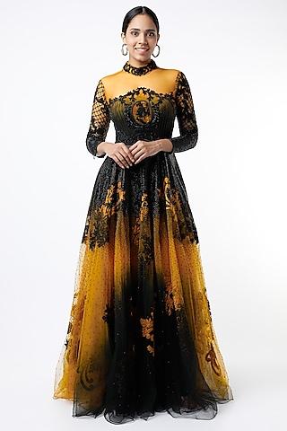 black and ochre applique embroidered gown