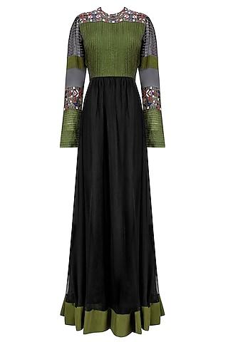 black and olive green pleated yoke dress