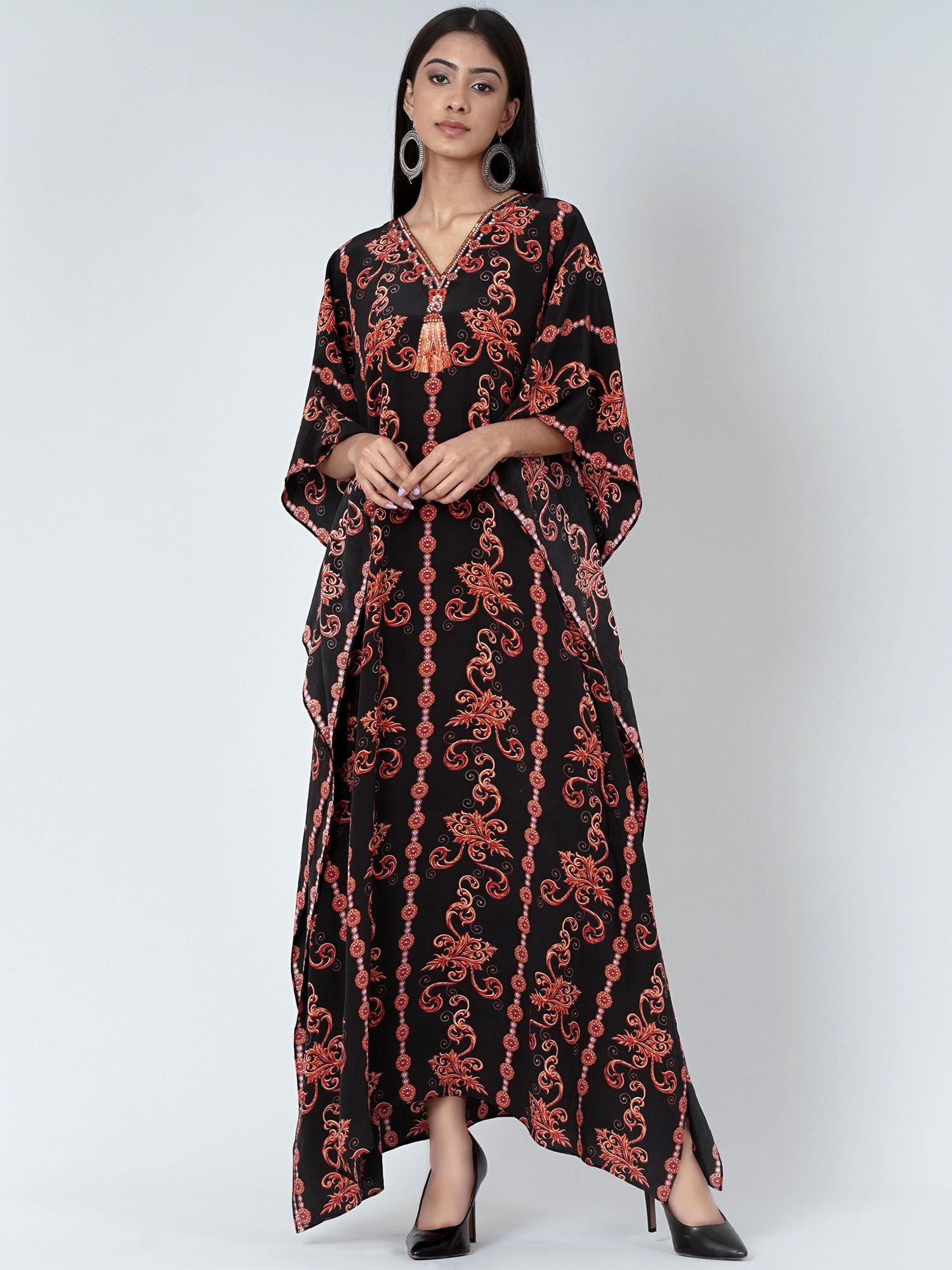 black and orange embellished silk full length kaftan