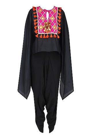 black and rani pink gota patti work cape with dhoti pants