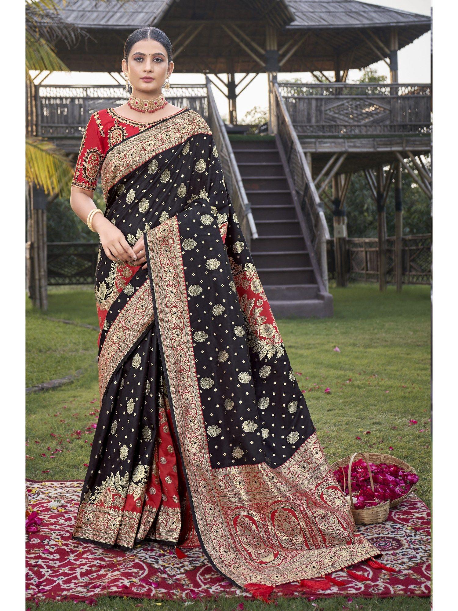 black and red banarasi silk woven design saree with unstitched blouse