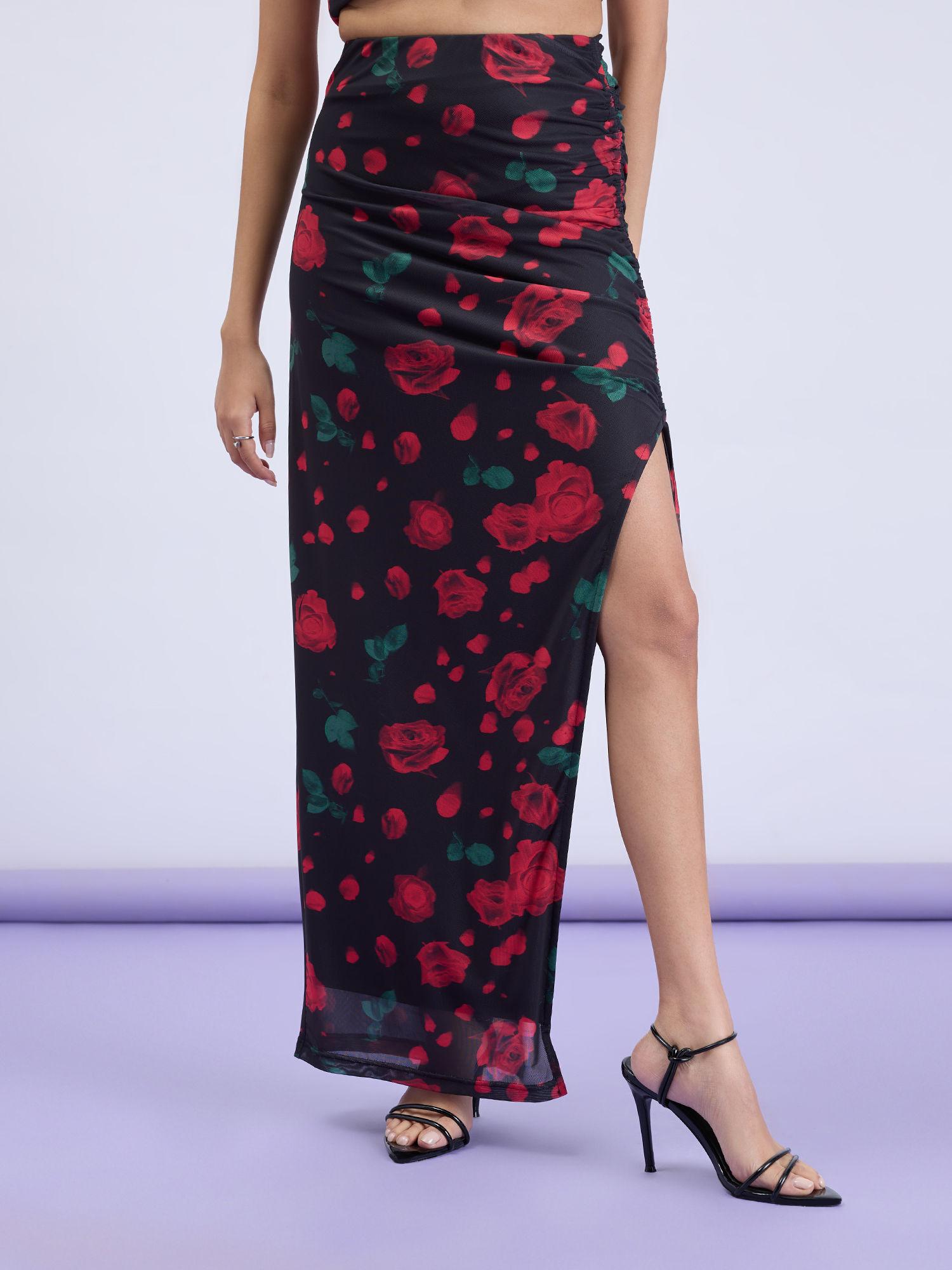 black and red floral bodycon high slit column maxi skirt