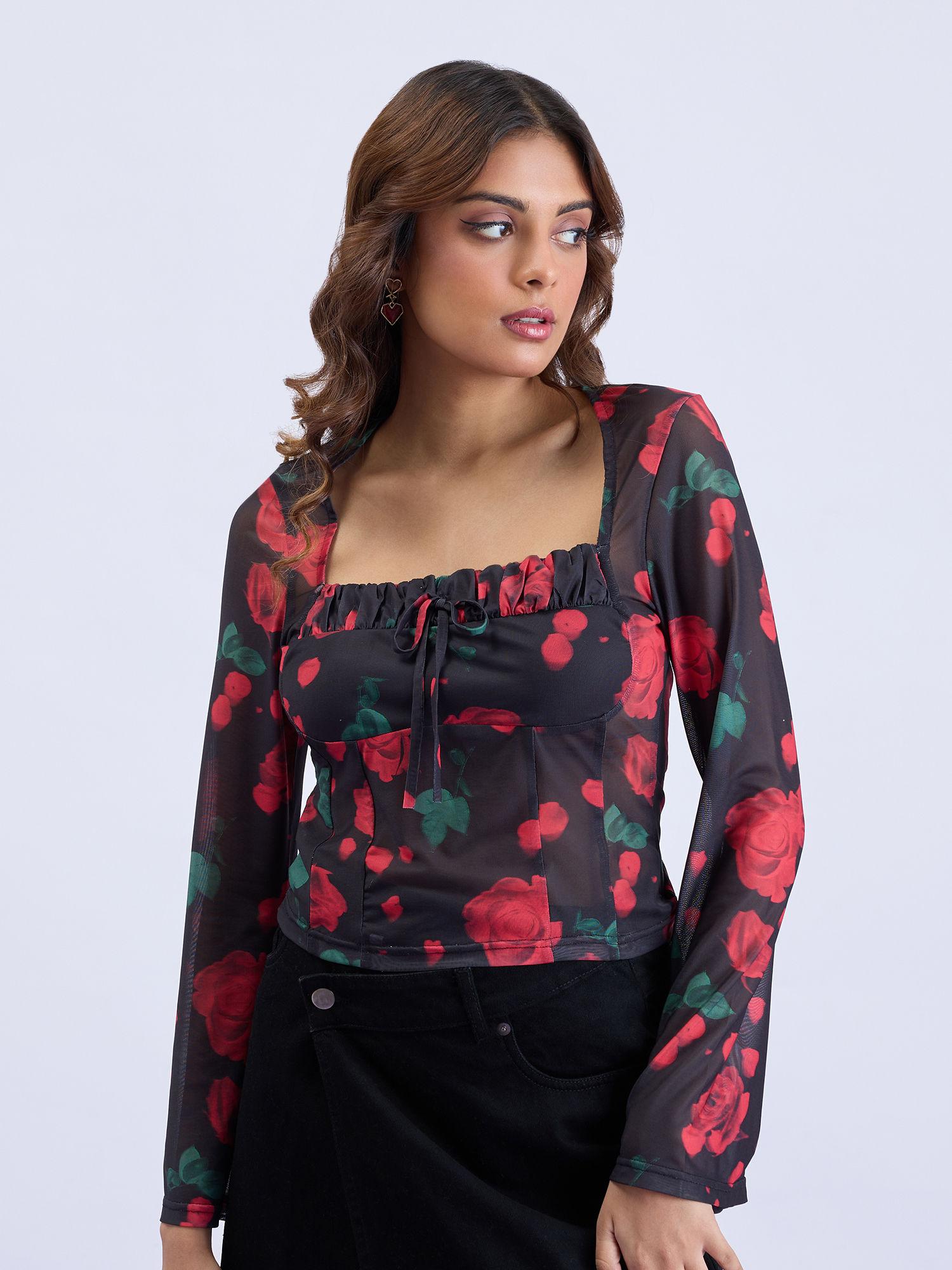 black and red floral square neck full sleeves fitted blouson top