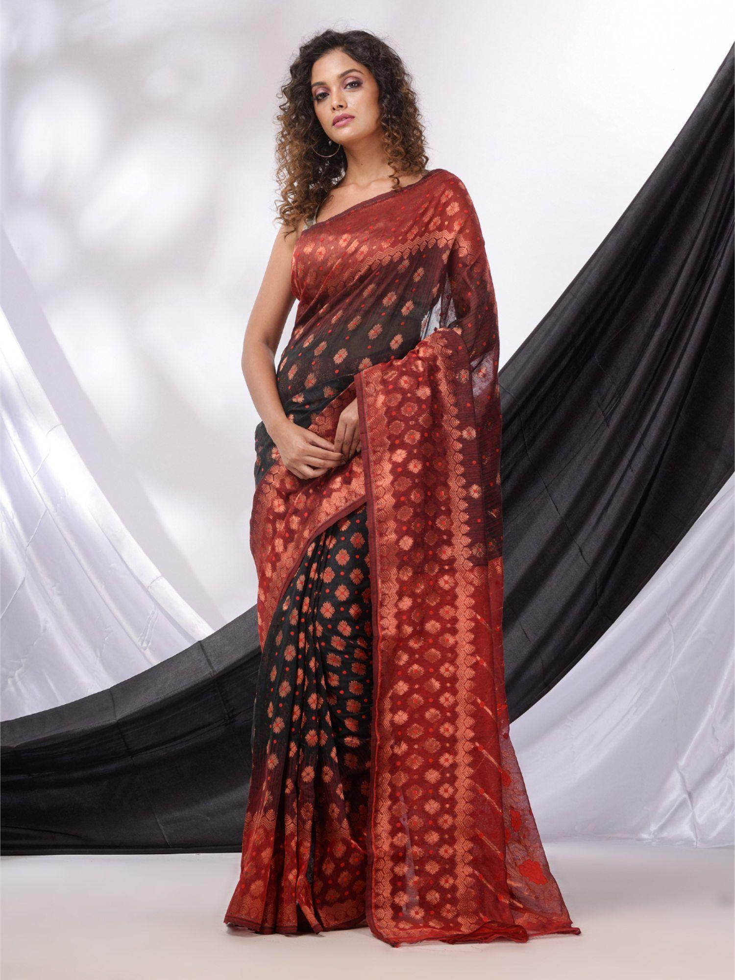 black and red handwoven soft jamdhani saree without blouse