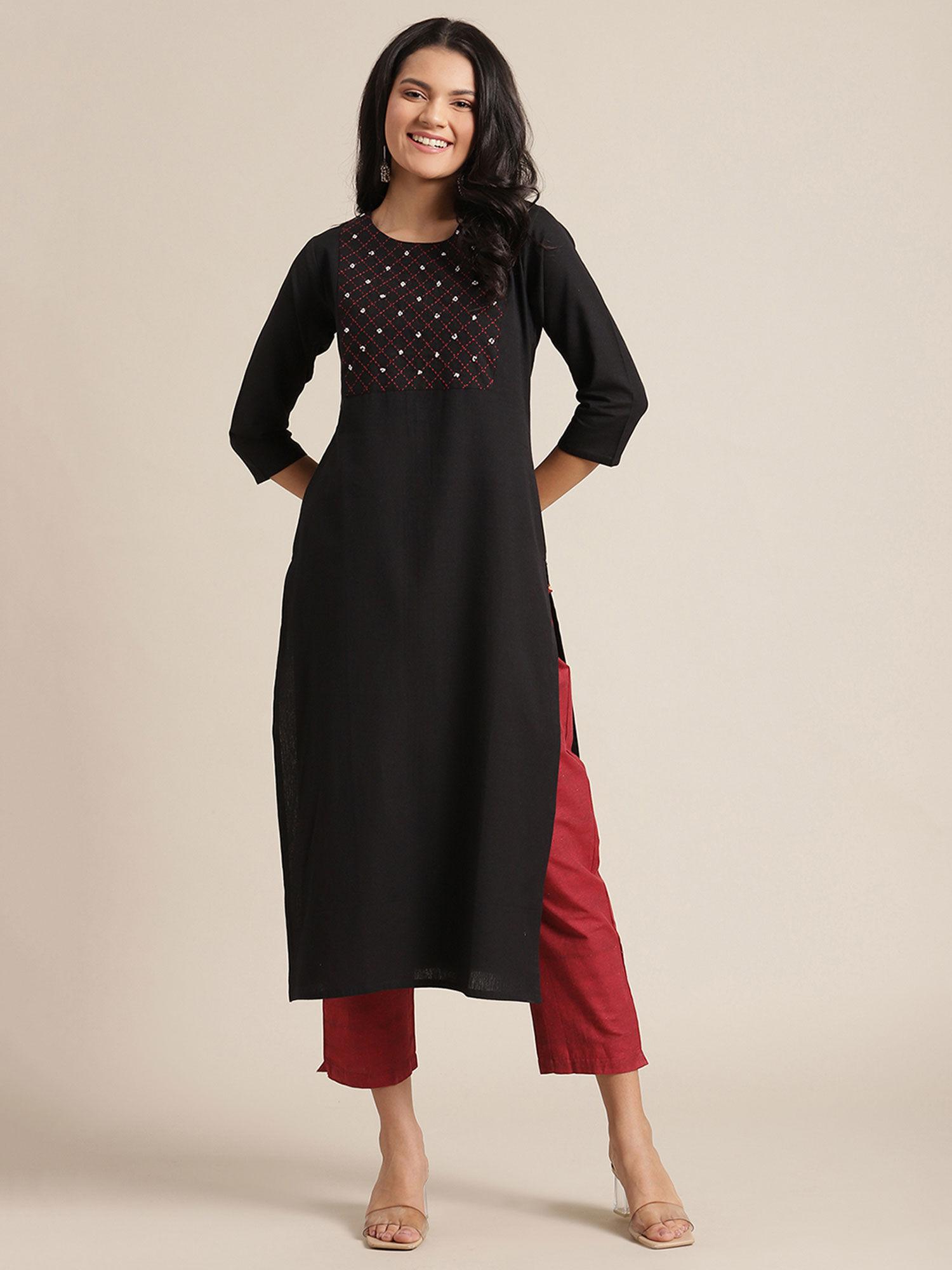 black and red kurta trouser set with bead work on yoke (set of 2)