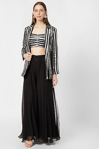 black and silver embellished crop top with skirt & jacket