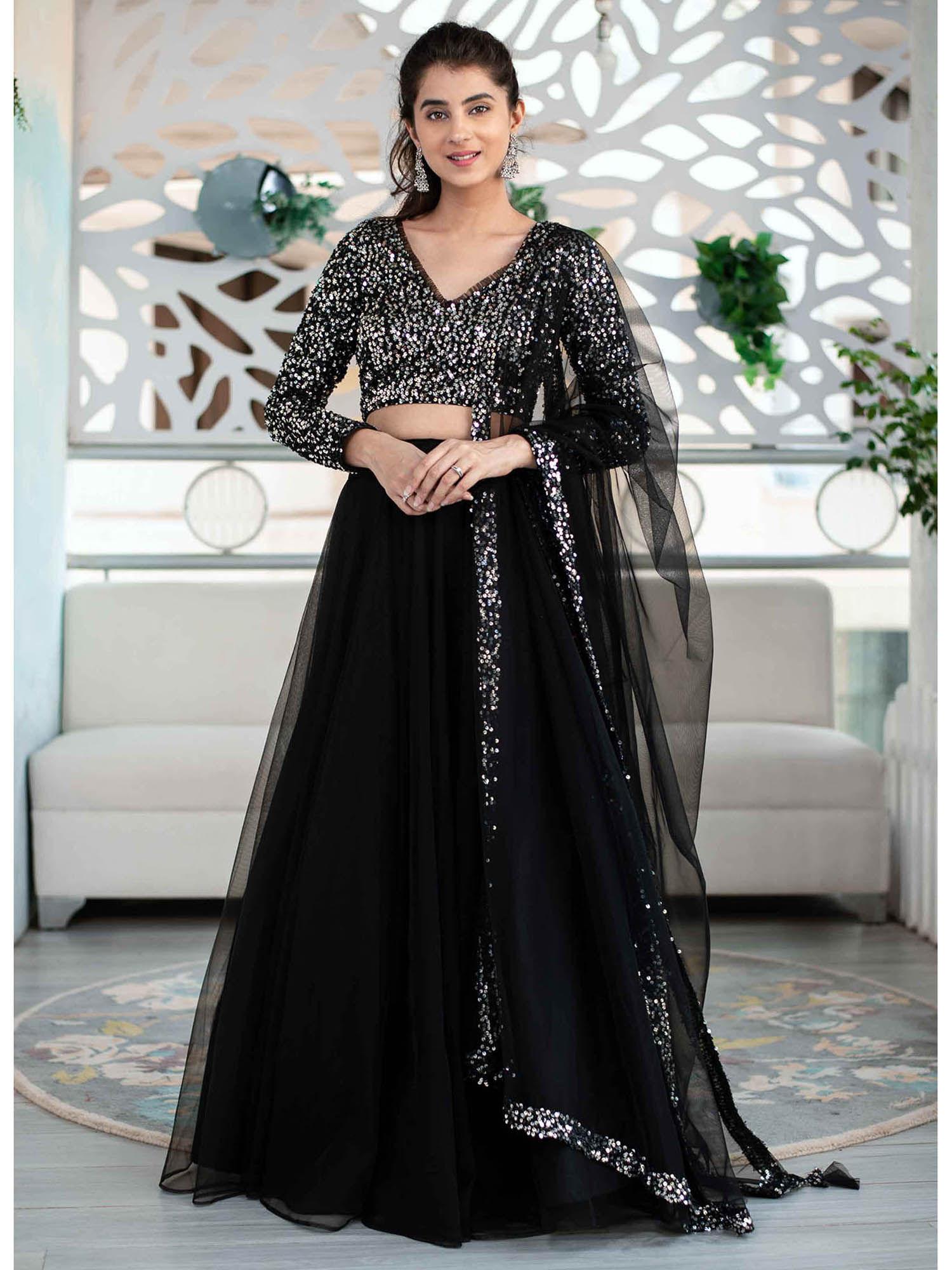 black and silver lehenga and choli with dupatta (set of 3)