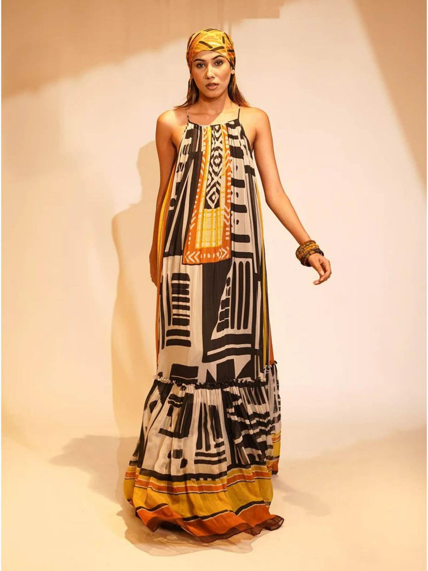 black and white base aztec print maxi