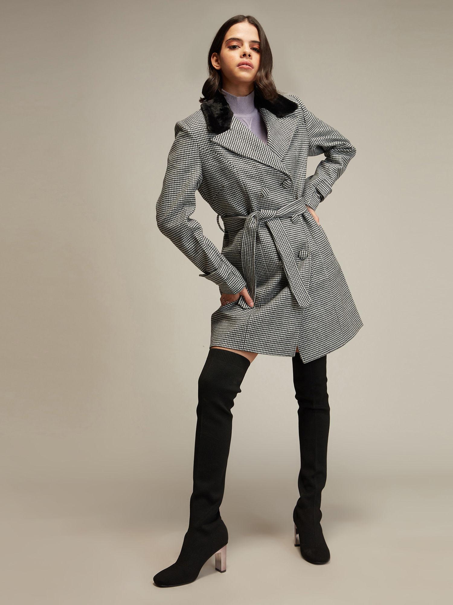 black and white colorblock fur overcoat with belt