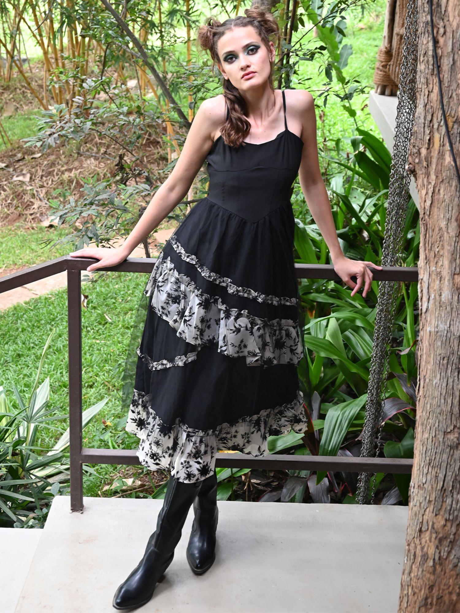 black and white floral polyester dress