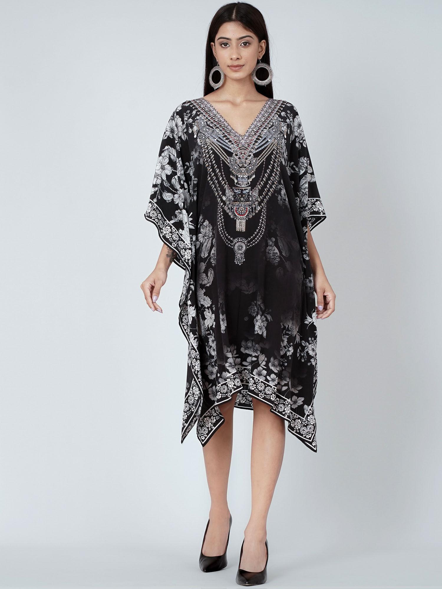 black and white floral print silk kaftan tunic