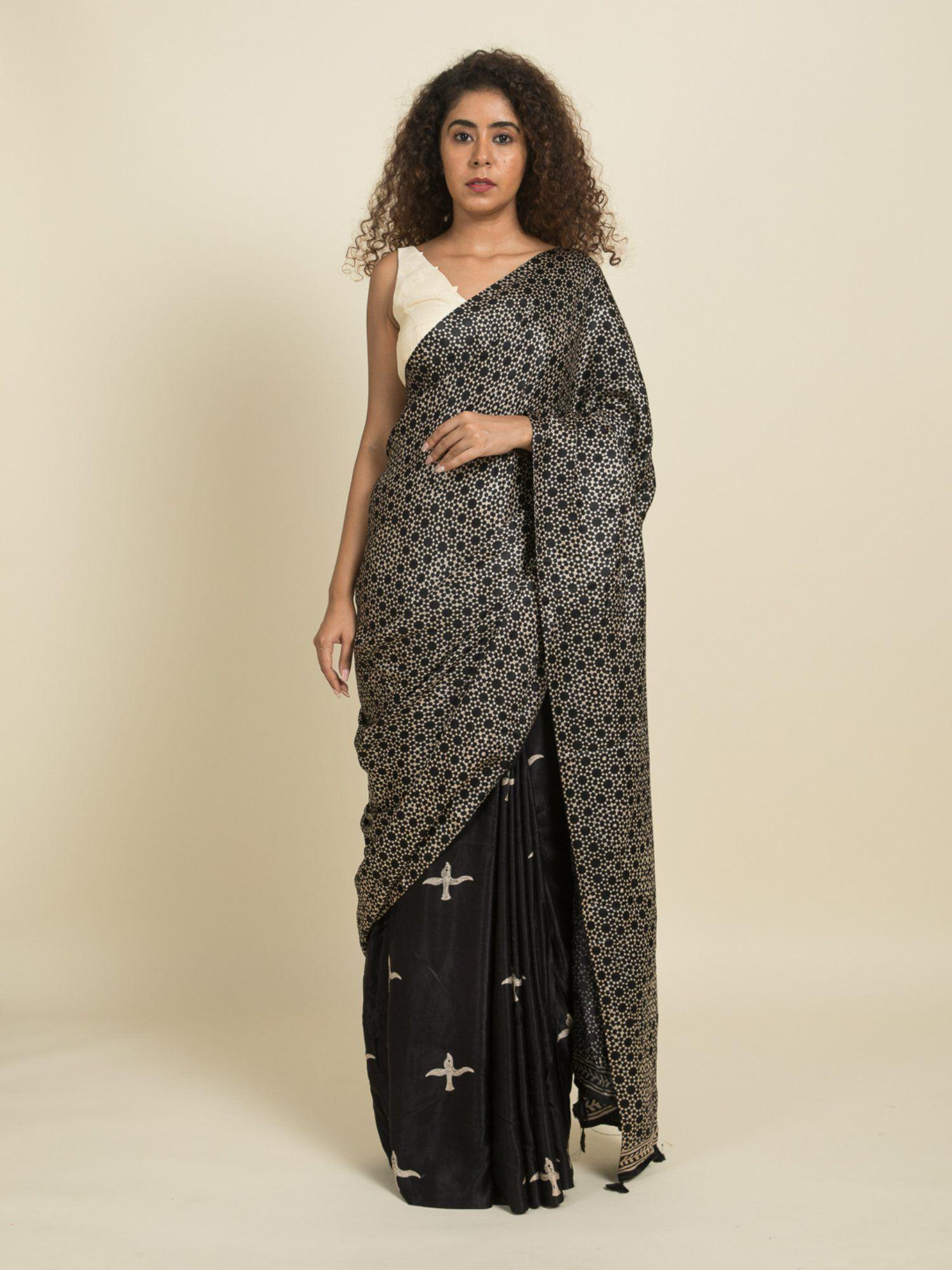 black and white geometric print modal saree