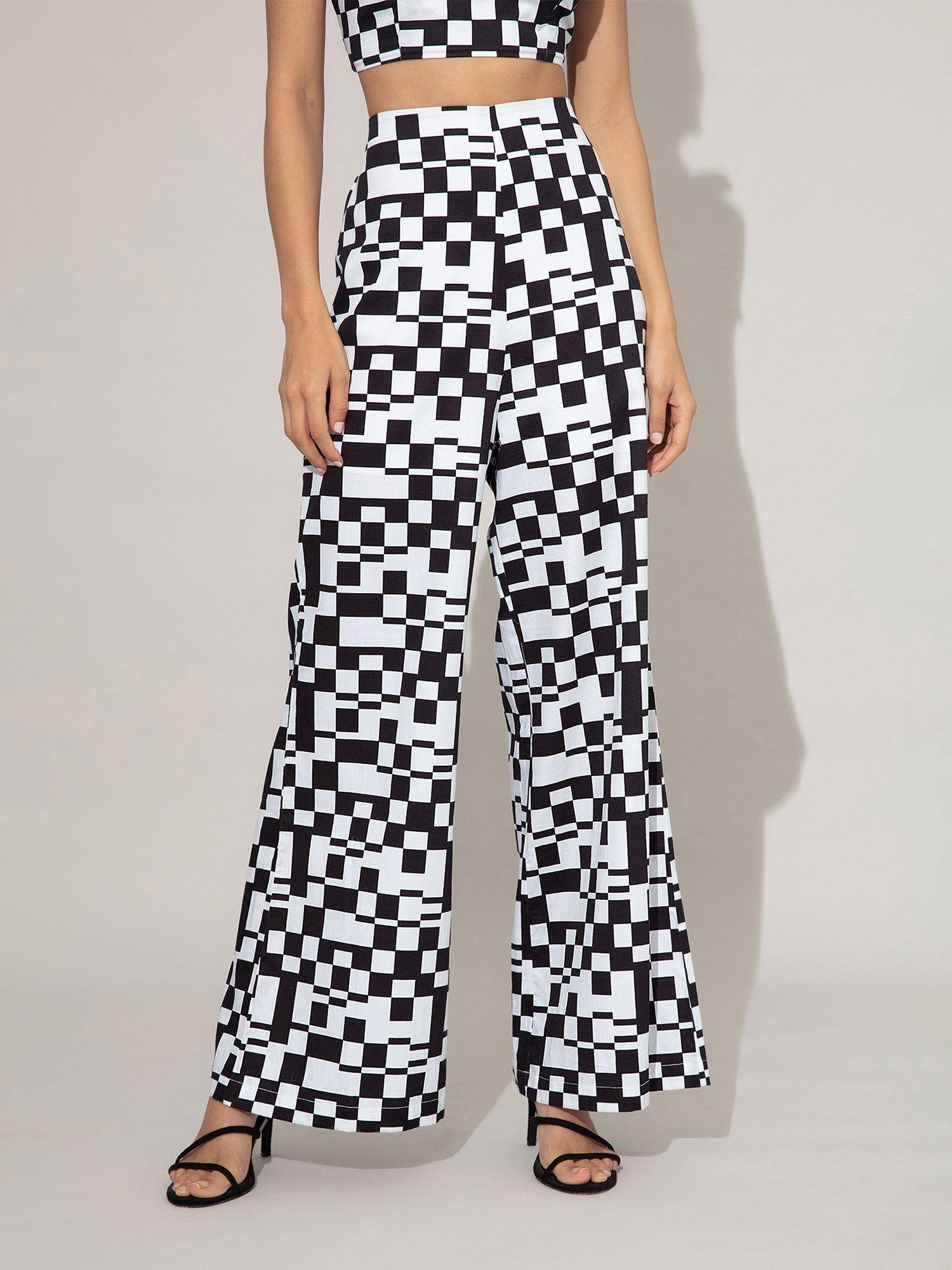 black and white geometric printed wide legged pants