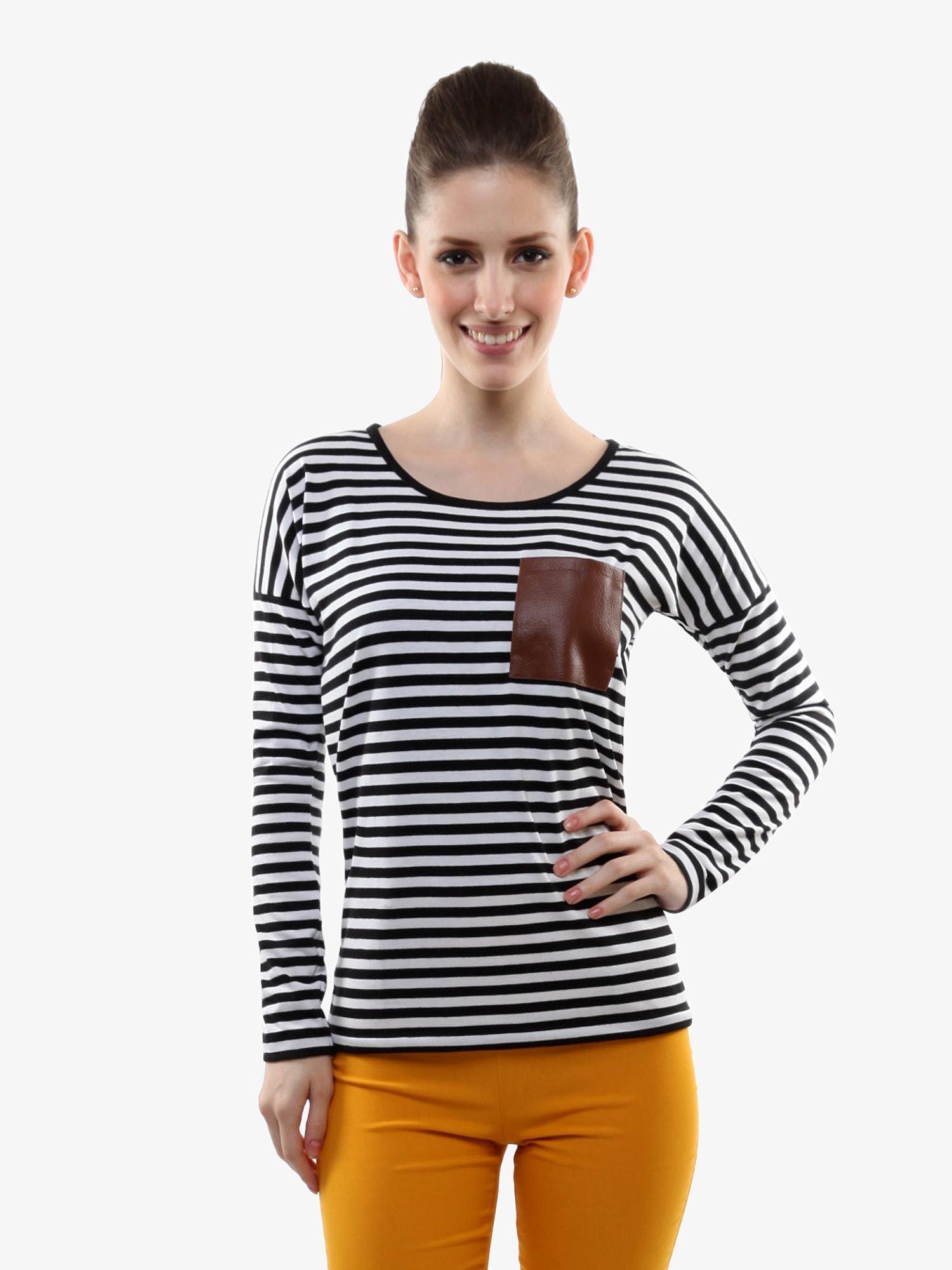 black and white round neck full sleeves striped top