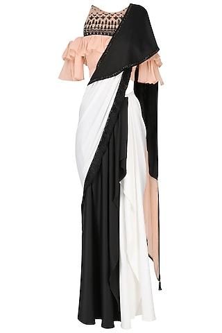 black and white saree with ruffle blouse set