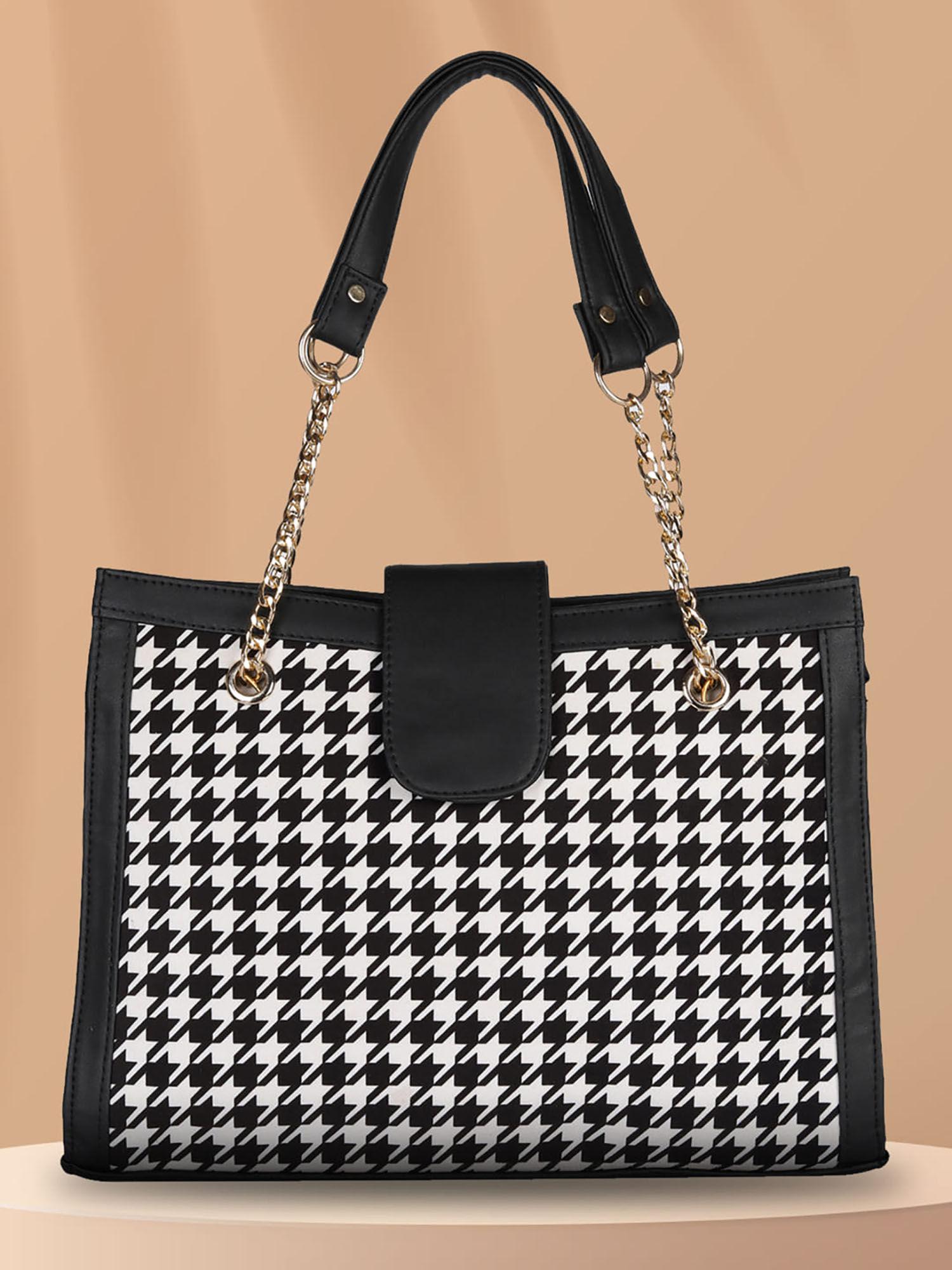 black and white textured tote bag with detachable strap