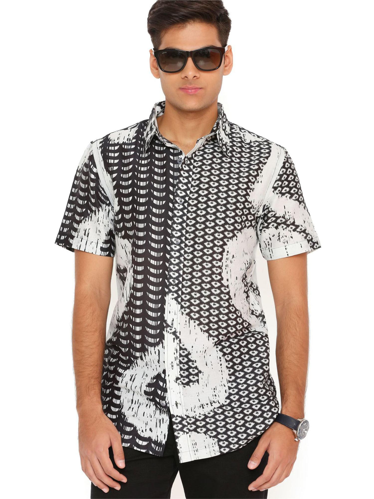 black and white uzbek print silkmul shirt