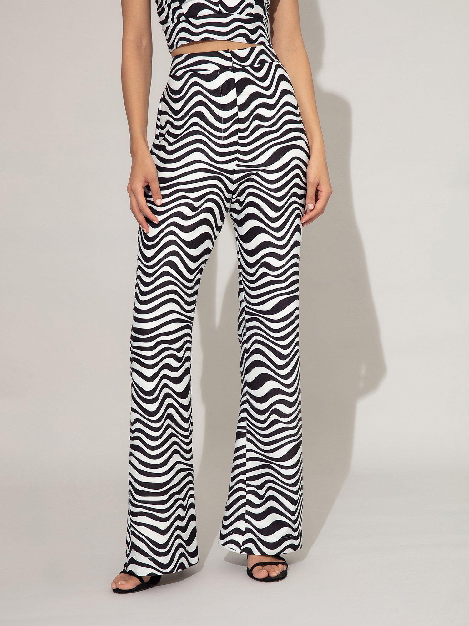 black and white wave printed fit and flare pants
