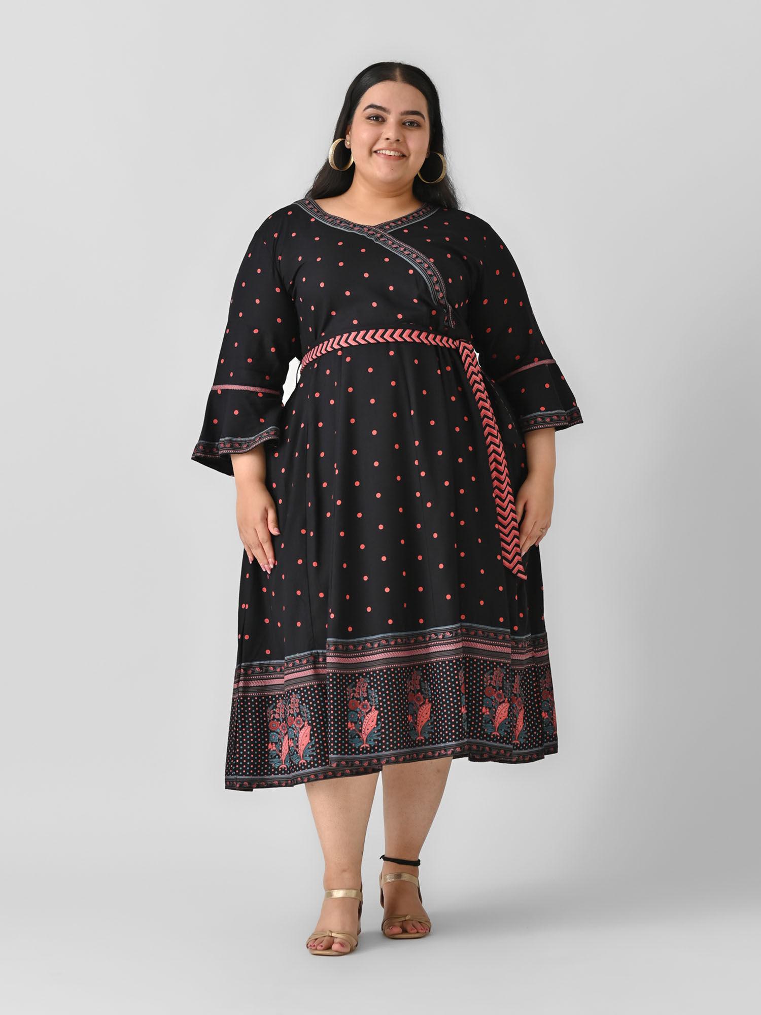 black angrakha flared dress with belt (set of 2)